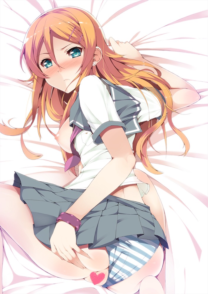 1girls bed blue_eyes blush bracelet breasts censored earrings enshin female female_only heart human jewelry kousaka_kirino long_hair looking_back lying orange_hair ore_no_imouto_ga_konna_ni_kawaii_wake_ga_nai panties pussy rule34 school_uniform serafuku shimapan solo striped striped_panties underwear