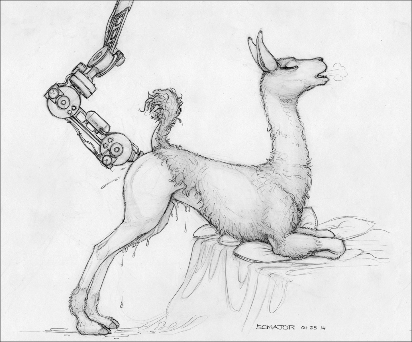 2014 bodily_fluids camelid cloven_hooves dildo e621 ecmajor eyes_closed female feral fucking_machine genital_fluids greyscale hi_res hooves llama machine mammal monochrome penetration sex_toy sketch solo traditional_media_(artwork) unguligrade vaginal_fluids