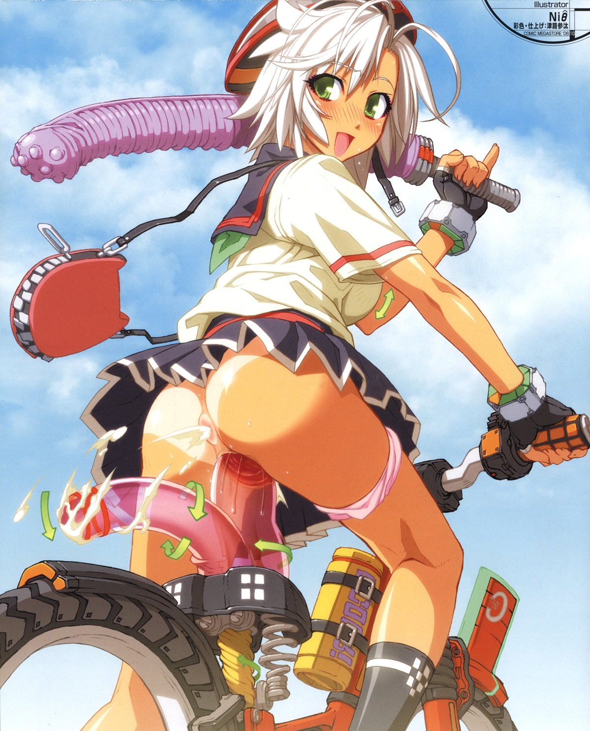 anal anus ass bicycle blush breasts cum dildo dildo_bike female footwear gloves green_eyes happy highres human large_insertion machine masturbation miniskirt nishii_(nitroplus) nitroplus no_panties panties panties_around_leg panties_around_one_leg panty_pull public rule34 school_uniform seifuku serafuku short_hair skirt socks solo tan tanline uncensored underwear white_hair