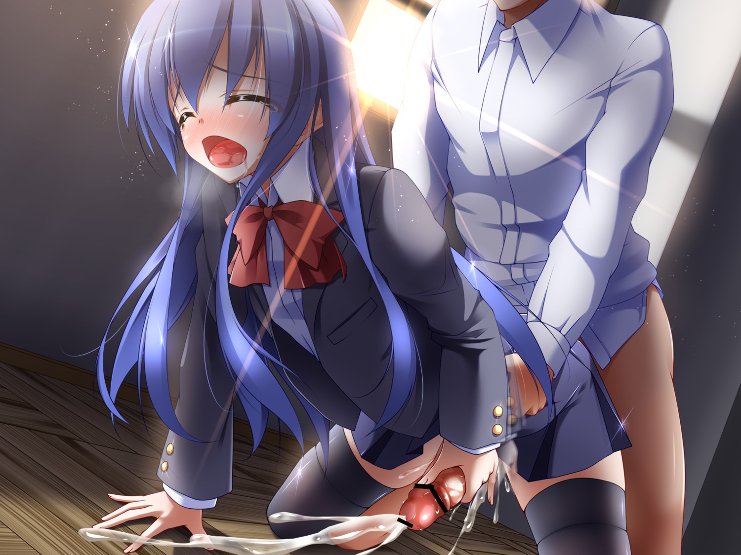 blue_hair blush closed_eyes cum cum_inside cum_while_penetrated ejaculation futanari intersex long_hair male male_on_futa masturbation midoriiro_no_shinzou open_mouth penis ribbon rule34 saliva school_uniform serafuku sex skirt tear tenshi_hinanawi thighhighs touhou very_long_hair