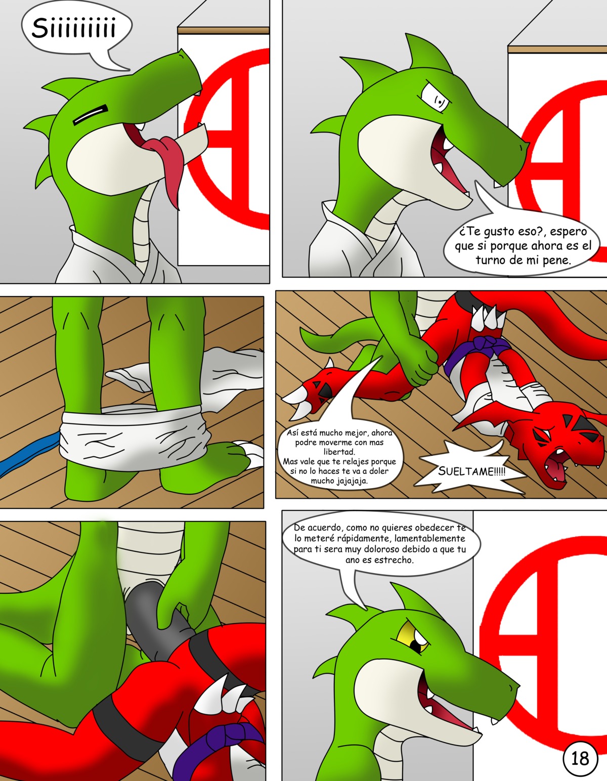 absurd_res anthro arms_tied bandai_namco black_penis bound claws comic crocodile crocodilian dialogue digimon digimon_(species) digital_media_(artwork) dominant dominant_male dragon duo e621 erection explicitly_stated_nonconsent forced genitals guilmon hector21314 hi_res imminent_rape imminent_sex karate male male/male multiple_scenes mythological_creature mythological_scalie mythology penis rape_face reptile scalie spanish_text submissive submissive_male tail text thick_penis translated