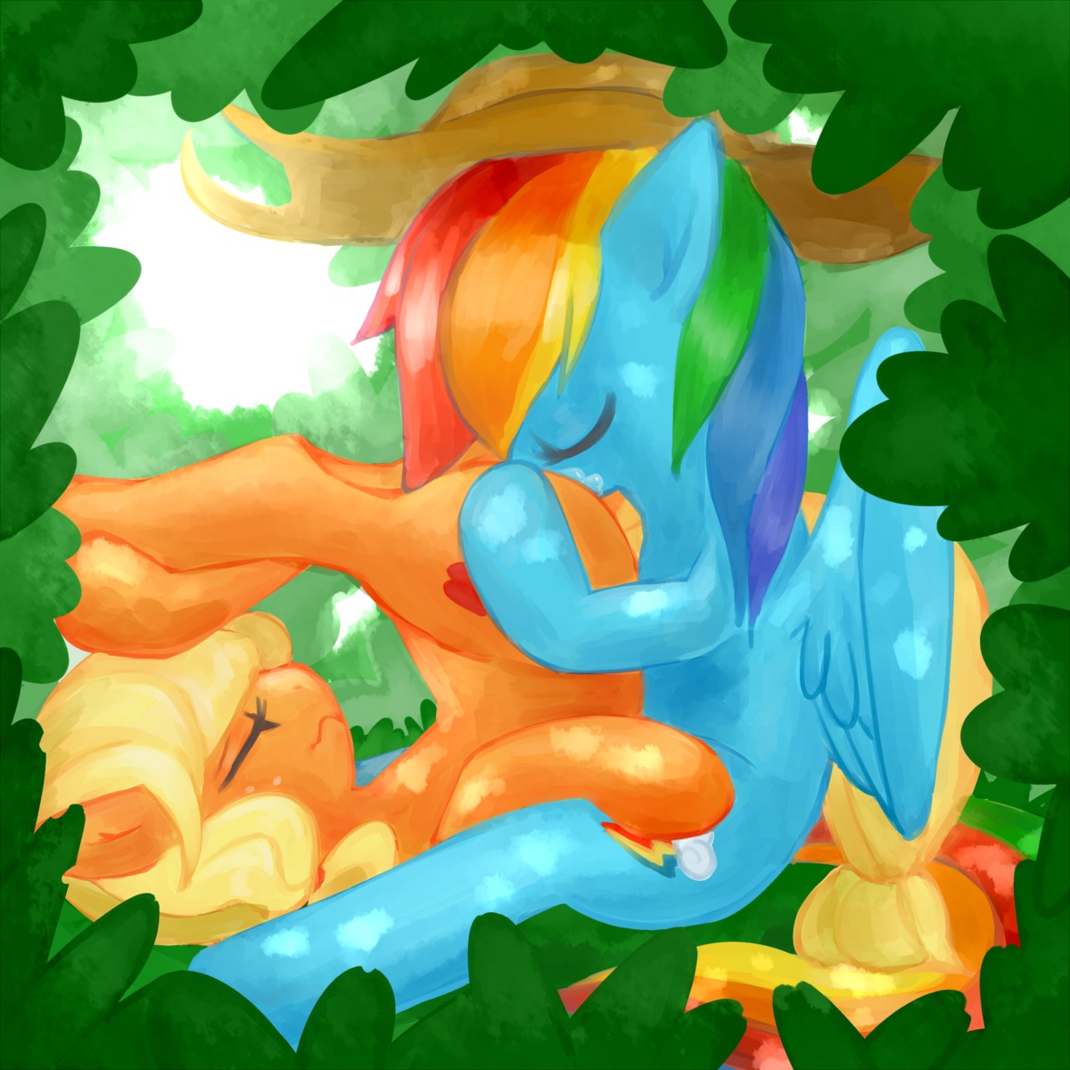 1:1 2012 applejack_(mlp) blonde_hair blue_body blue_feathers blue_fur clothing cowboy_hat cunnilingus cutie_mark digital_media_(artwork) digital_painting_(artwork) duo e621 earth_pony equid equine eyes_closed feathered_wings feathers female female/female feral freckles friendship_is_magic fur hair hasbro hat headgear headwear hi_res horse mammal multicolored_hair my_little_pony mythological_creature mythological_equine mythology oral outside painting_(artwork) pegasus pony ponylicking rainbow_dash_(mlp) rainbow_hair sex vaginal wings
