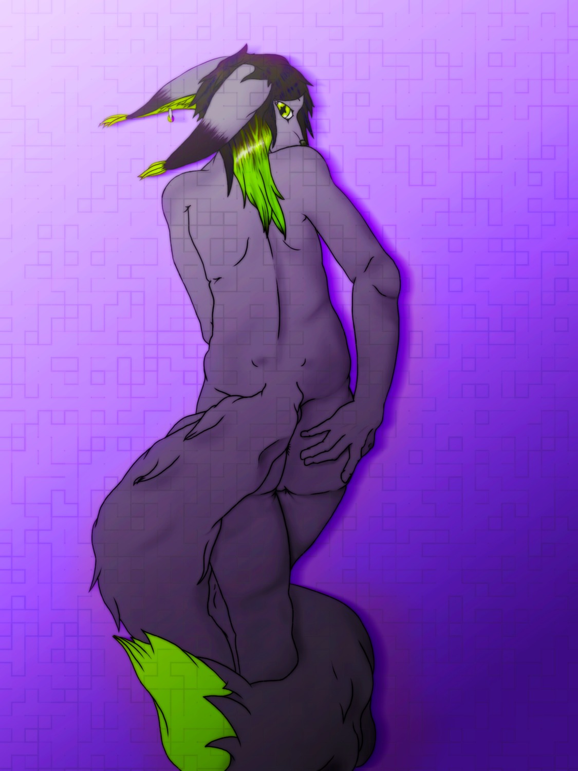 3:4 abstract_background absurd_res anthro anus big_ears big_tail biped black_hair e621 female hair hi_res lyxolf nude piercing pose rae_(lyxolf) simple_background solo standing tail