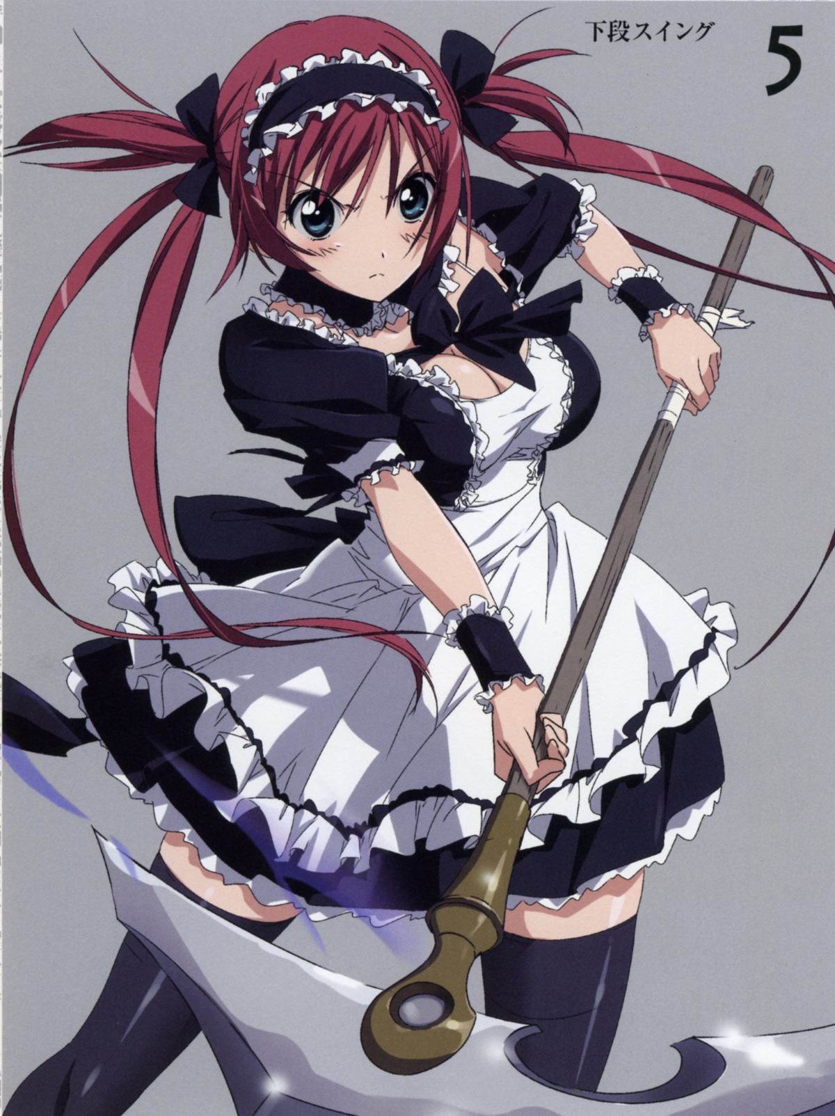 airi breasts cleavage female highres maid queen's_blade red_hair rule34 scan scythe takamura_kazuhiro thighhighs zettai_ryouiki