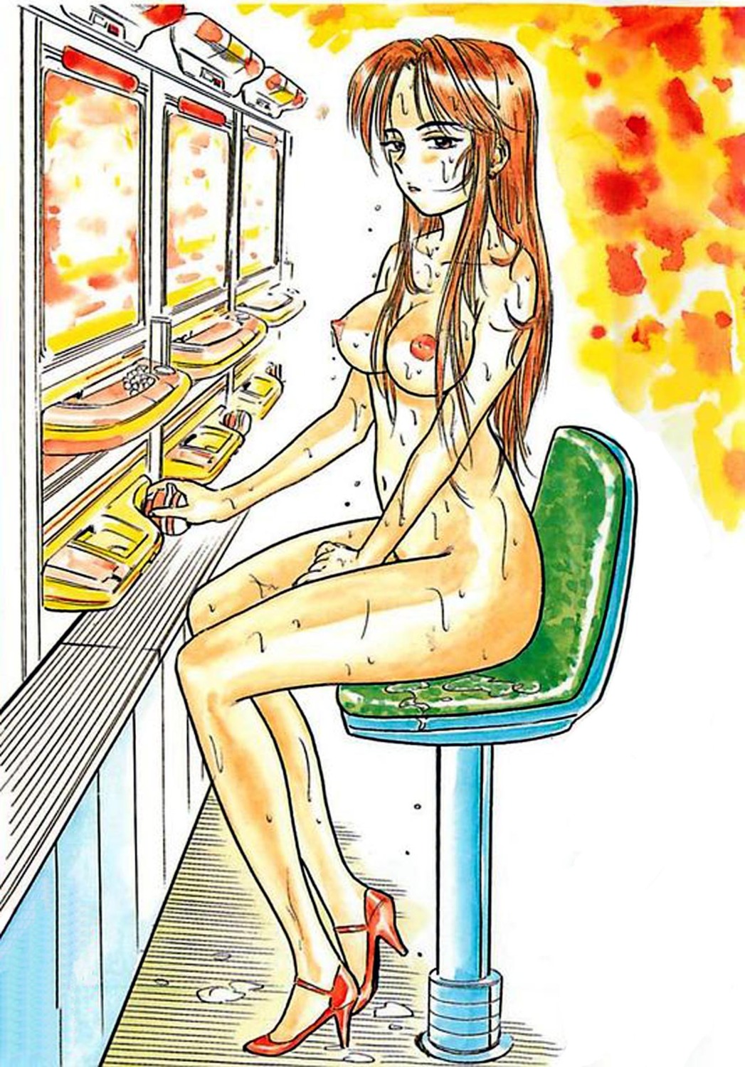 breasts female high_heels highres momoyama_jirou naked_footwear naked_heels naked_with_shoes_on nude pachinko public public_nudity red_hair rule34 sweat zenra