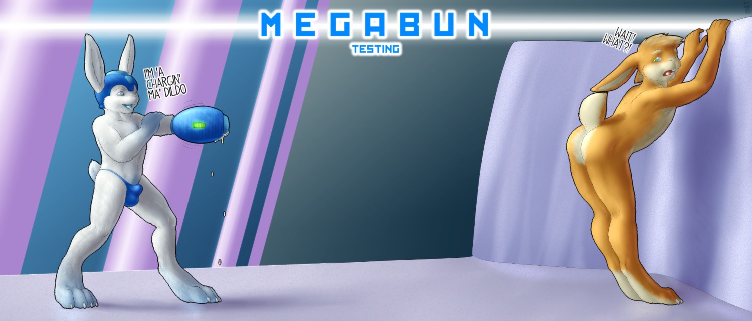 ambiguous_gender anthro armor balls_outline bent_over brown_body brown_fur bulge butt claws clothing detailed_bulge dialogue digital_media_(artwork) dripping duo e621 english_text fur genital_outline hi_res lagomorph leporid lube male male/ambiguous male/male mammal megabun mot nude open_mouth penis_outline rabbit standing text thong toe_claws unconvincing_armor underwear white_body white_fur