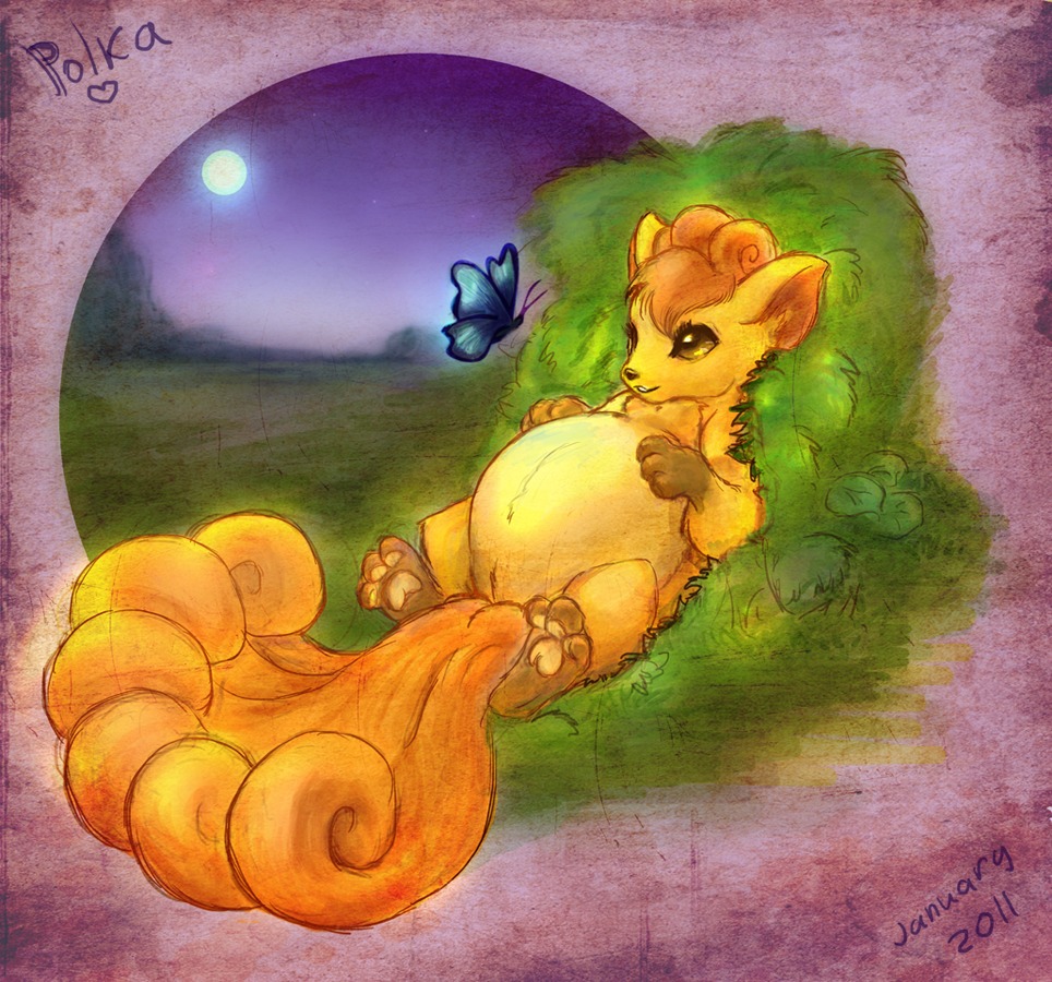 2011 3_toes arthropod artist_name belly big_belly black_kitty brown_eyes butterfly canid canine duo e621 feet female feral fur game_freak generation_1_pokemon genitals grass hair inner_ear_fluff insect lepidopteran lying mammal multi_tail multicolored_body multicolored_fur nintendo on_back orange_body orange_fur orange_hair pawpads paws plant pokemon pokemon_(species) pregnant pregnant_female pregnant_feral size_difference solo_focus tail text toes tuft vulpix vulva