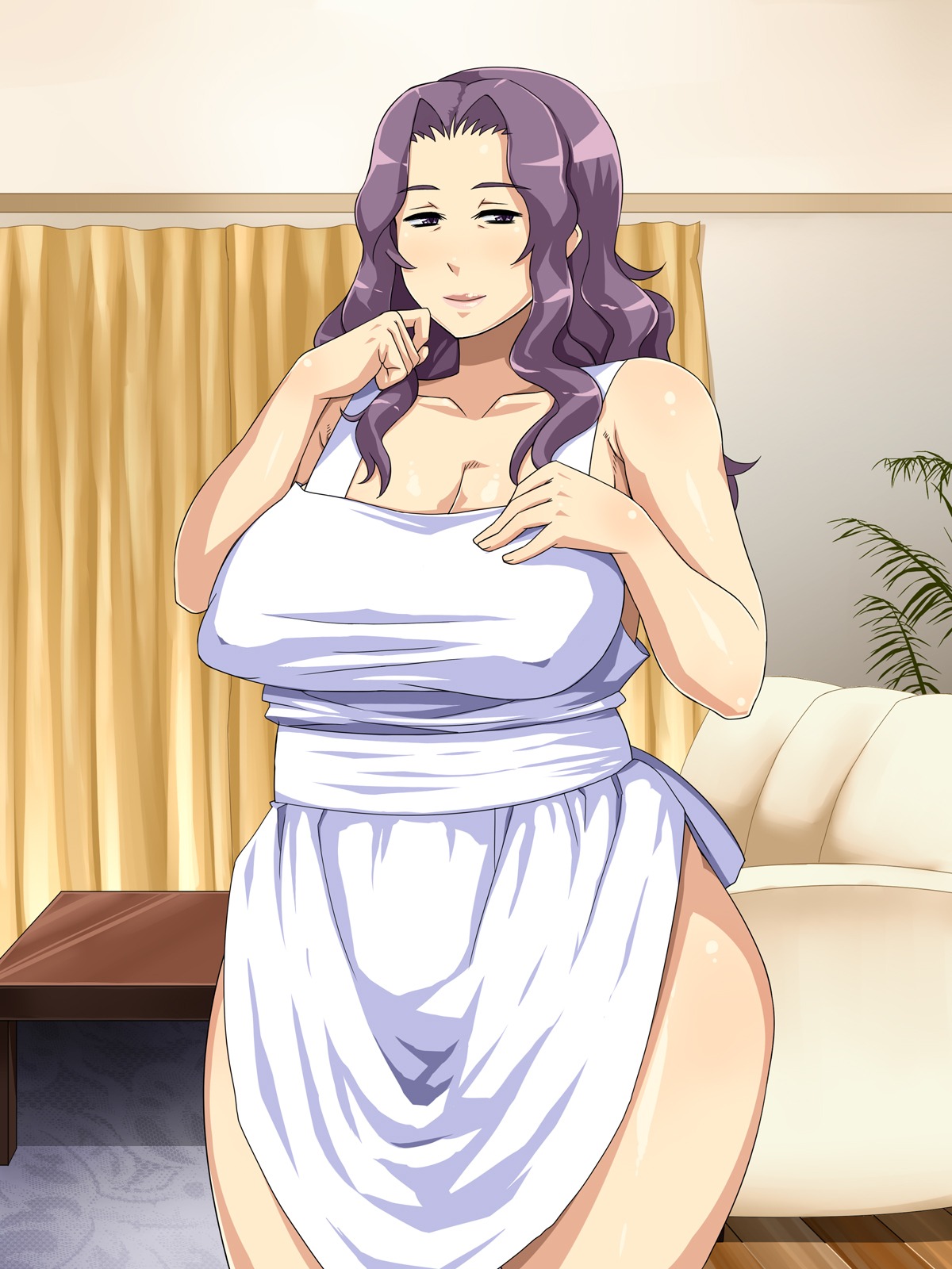 apron breasts enoshima_iki erect_nipples female highres hips large_breasts lips milf naked_apron nipples plump purple_eyes purple_hair rule34 smile thick_thighs thighs wide_hips