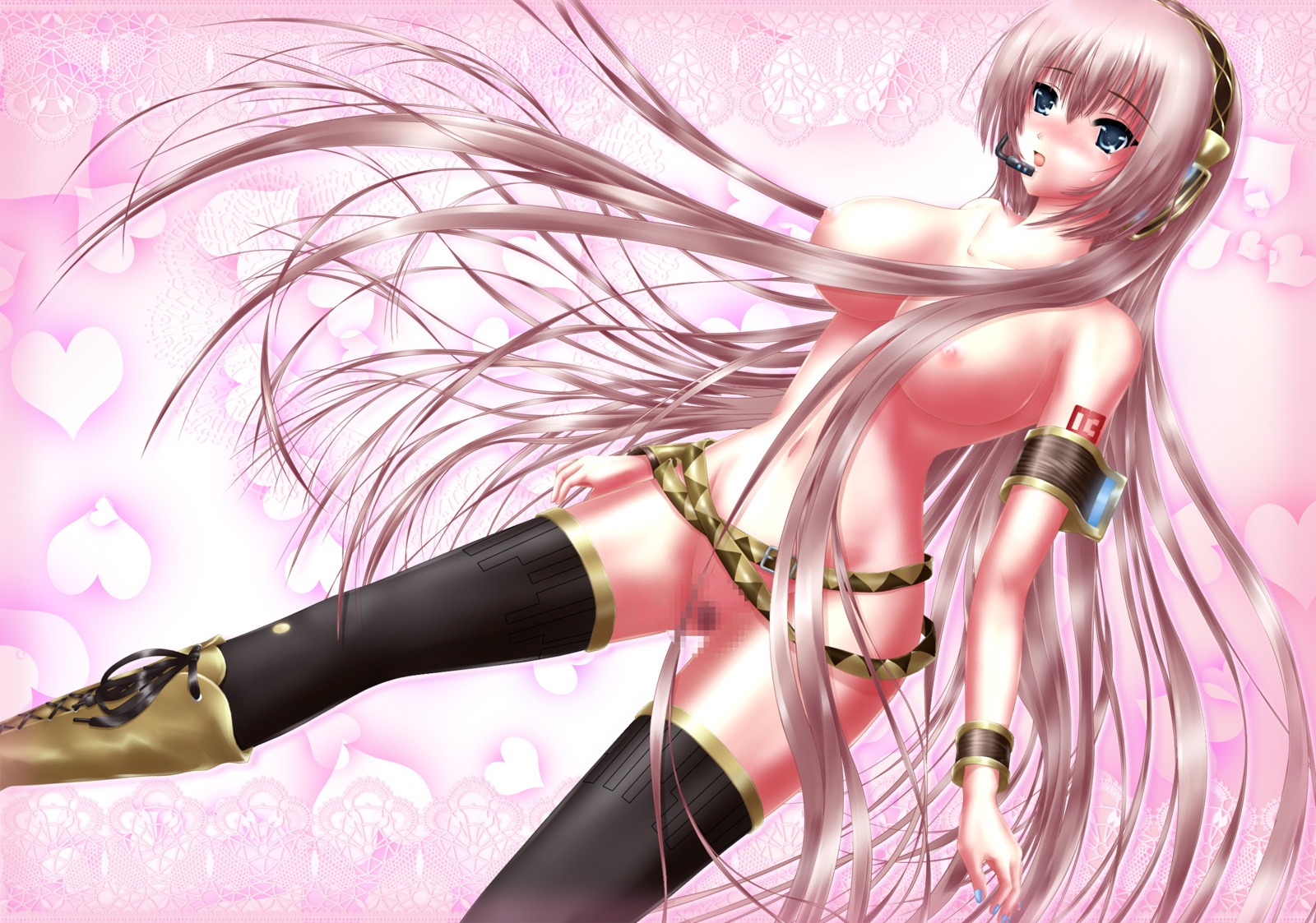 1girls armband black_legwear black_thighhighs blue_eyes blush breasts censored female headset highres large_breasts long_hair megurine_luka nipples nohoho_(kakikonchi) open_mouth pink_hair pubic_hair pussy rule34 solo tear thighhighs very_long_hair vocaloid