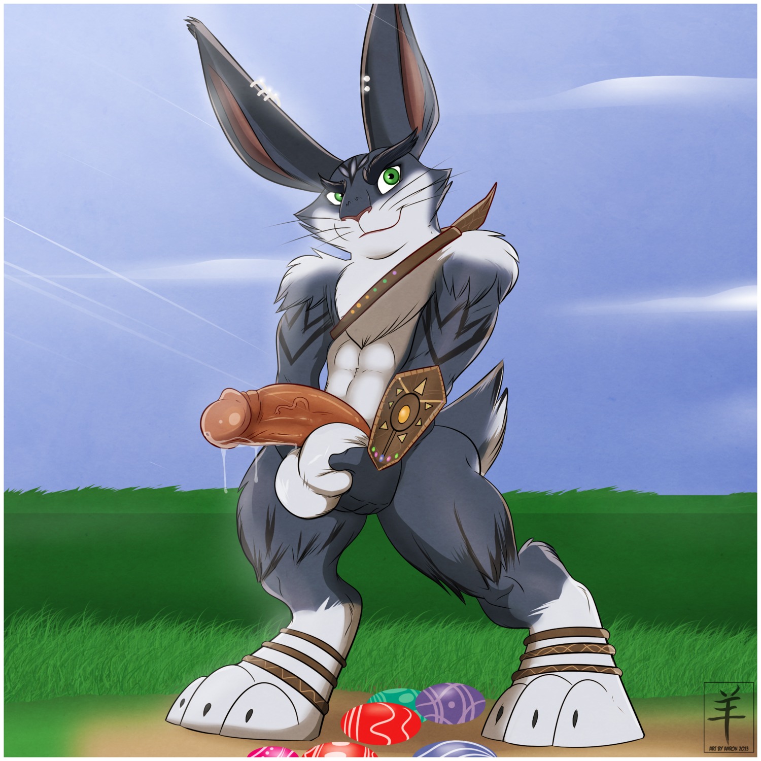 1:1 aaron_(artist) abs animal_genitalia anthro armor balls biceps big_penis bodily_fluids border claws digital_media_(artwork) e._aster_bunnymund e621 ear_piercing easter easter_bunny easter_egg egg erection foreskin fur genital_fluids genitals green_eyes grin hi_res holidays humanoid_genitalia humanoid_penis lagomorph leporid looking_at_viewer male mammal muscular muscular_anthro muscular_male nude paws penis piercing precum rabbit retracted_foreskin rise_of_the_guardians sheath smile solo tattoo toe_claws vein white_border