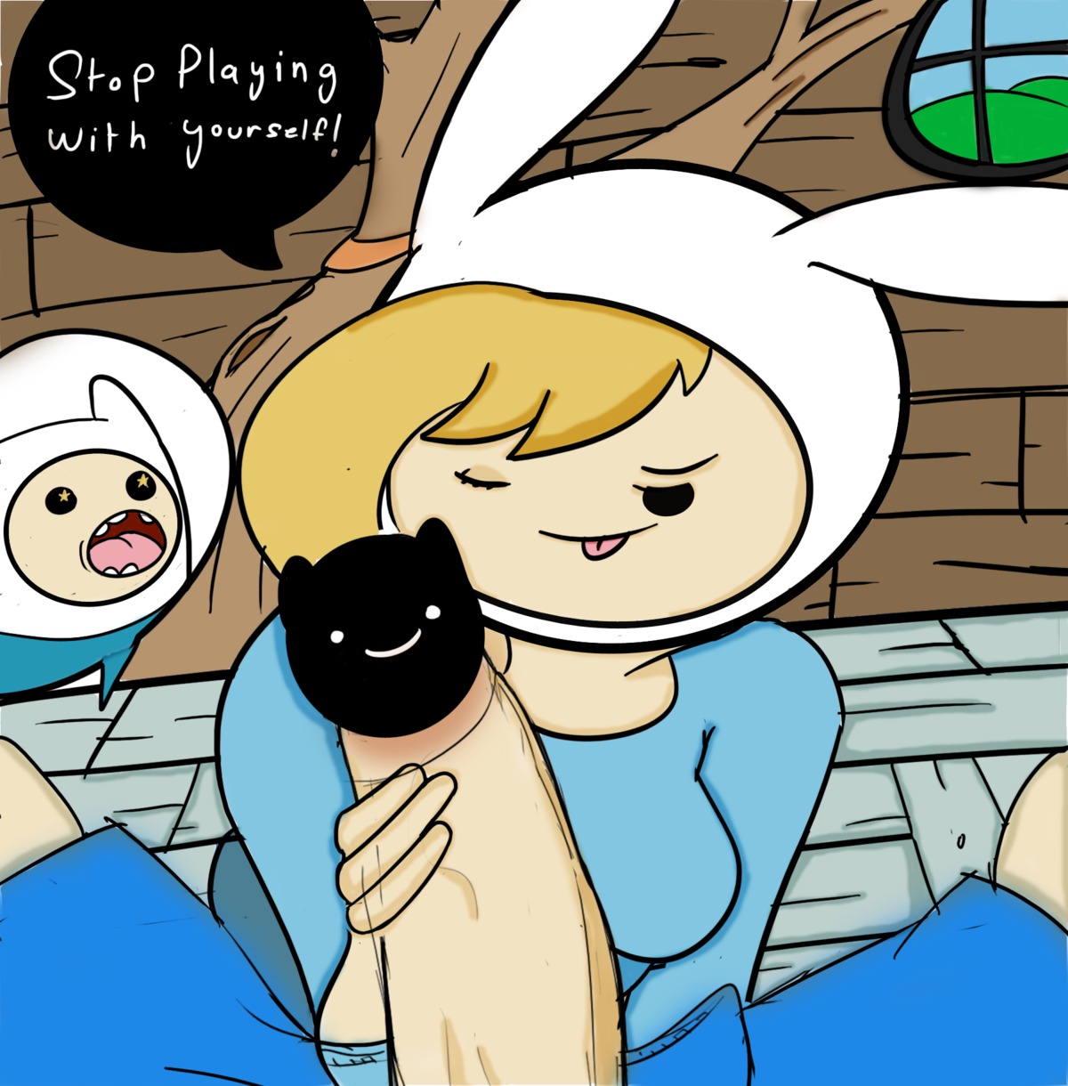 1boy 1girls ;p adventure_time blonde_hair blue_clothing blue_pants blue_shirt censored censored_penis clothed clothed_female clothing female finn_the_human fionna_the_human_girl handjob male male_pov mostly_clothed novelty_censor one_eye_closed penis penis_out pov rule34 selfcest star star_shaped_pupils tongue tongue_out