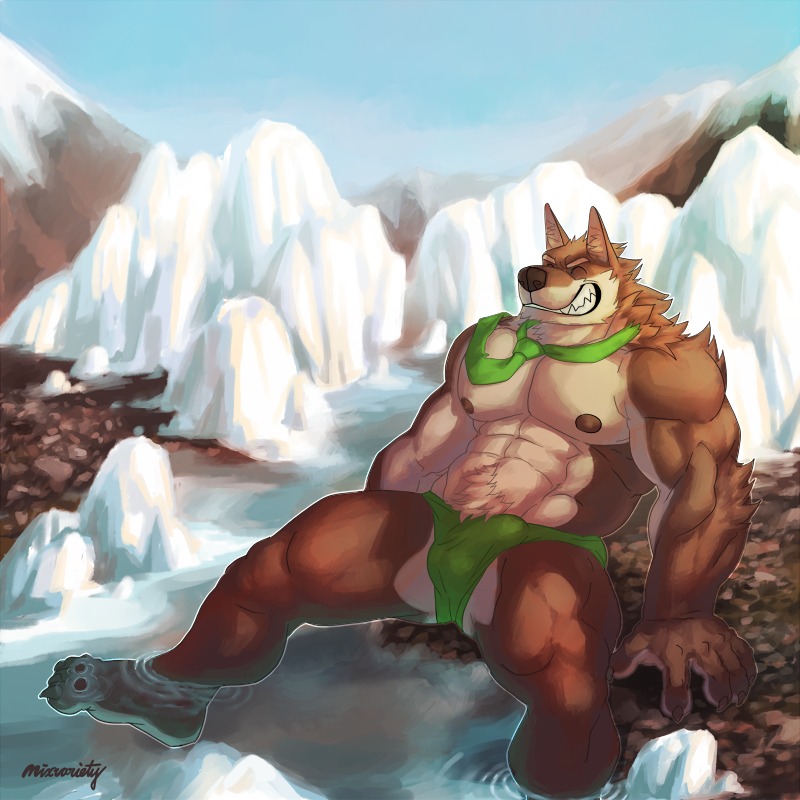 1:1 2014 abs accessory anthro balls_outline bamwuff biceps big_muscles biped bulge canid canine canis clothed clothing detailed_bulge e621 eyes_closed genital_outline italian_wolf male mammal mixvariety muscular muscular_anthro muscular_male necktie nipples outside pecs penis_outline river sitting skimpy sky solo topless water wolf