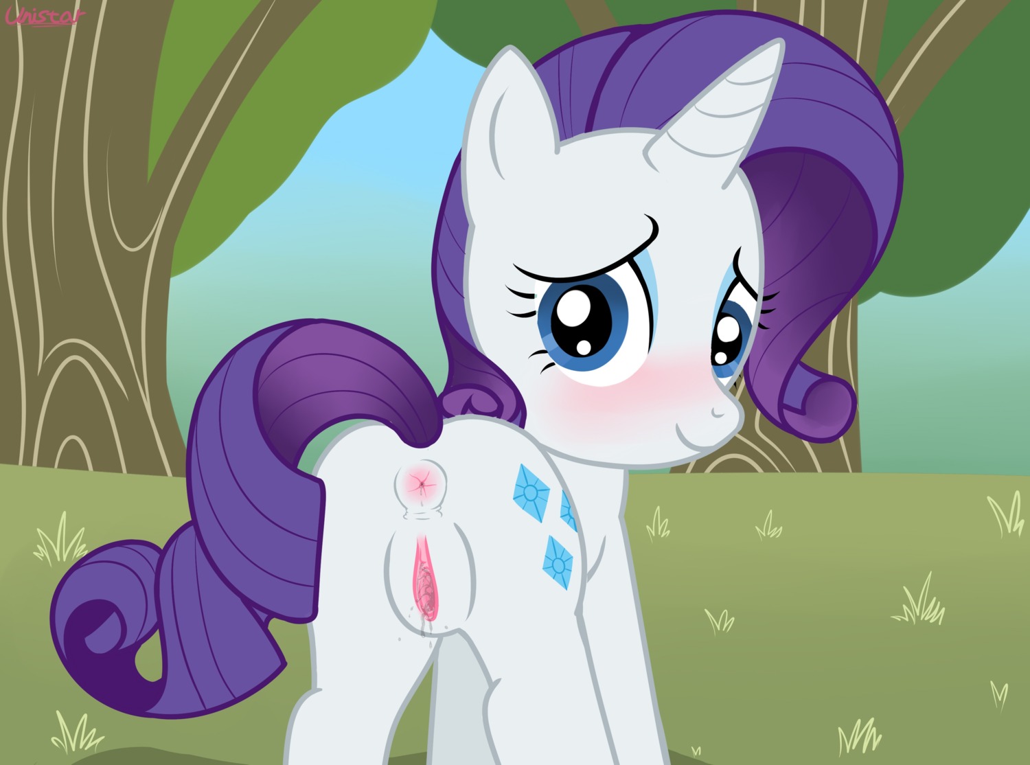2013 absurd_res anus blue_eyes blush bodily_fluids butt cutie_mark e621 equid equine eyeshadow female feral friendship_is_magic fur genital_fluids genitals hair hasbro hi_res horn looking_at_viewer looking_back makeup mammal my_little_pony mythological_creature mythological_equine mythology presenting purple_hair quadruped rarity_(mlp) smile solo tail unicorn unistar vaginal_fluids vulva white_body white_fur young young_feral