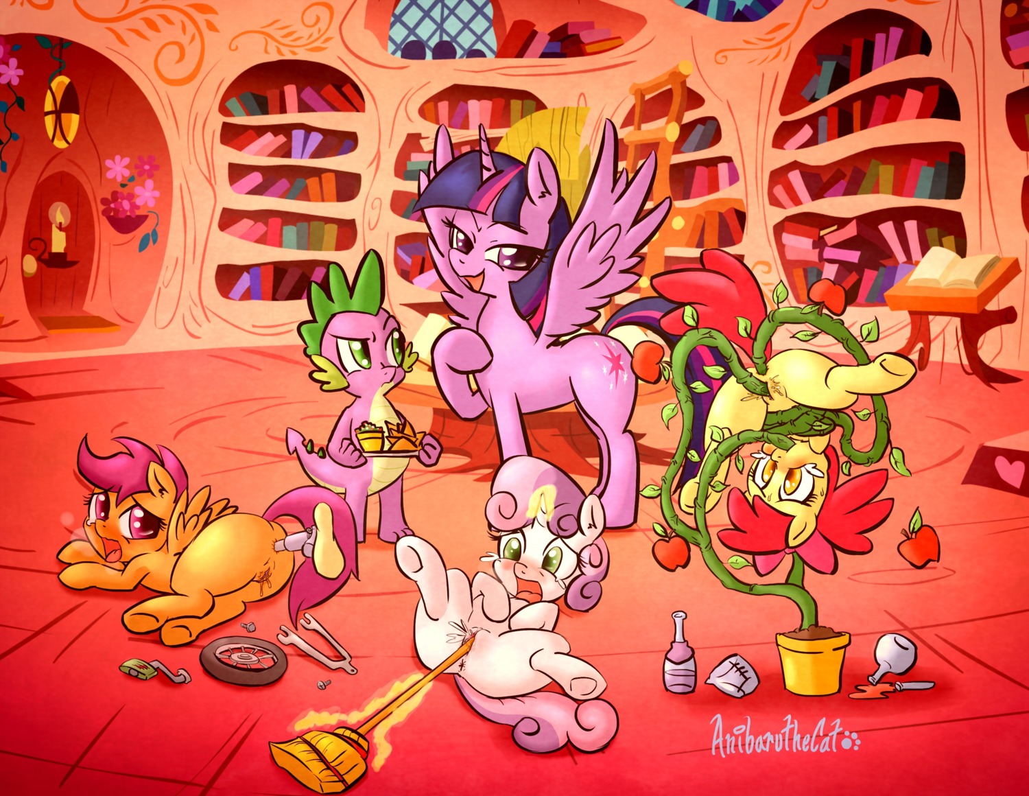2014 all_three_filled amber_eyes anal anal_penetration anibaruthecat anthro anus apple apple_bloom_(mlp) bodily_fluids book bound broom butt cleaning_tool cutie_mark cutie_mark_crusaders_(mlp) digital_media_(artwork) dragon e621 earth_pony equid equine feathered_wings feathers female female/female feral food friendship_is_magic fruit fur genital_fluids genitals glass green_eyes group hair half-closed_eyes hasbro hi_res holding_object horn horse improvised_sex_toy inside library lying magic male mammal multicolored_hair my_little_pony mythological_creature mythological_equine mythological_scalie mythology narrowed_eyes on_back on_side open_mouth oral oral_penetration orange_body orange_fur outside pegasus penetration plant plant_tentacle pony purple_body purple_eyes purple_fur purple_hair red_hair scalie scootaloo_(mlp) spike_(mlp) spread_legs spreading standing sweetie_belle_(mlp) tail tears tentacle_in_ass tentacle_in_mouth tentacle_in_vagina tentacle_penetration tentacles twilight_sparkle_(mlp) two_tone_hair unicorn vaginal vaginal_fluids vaginal_penetration vulva wheel white_body white_fur wing_boner winged_unicorn wings yellow_body yellow_fur young young_anthro young_feral