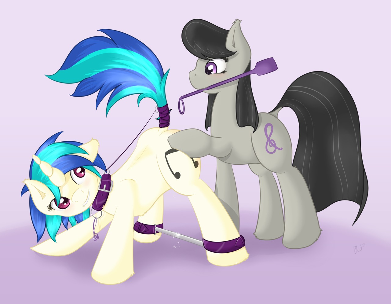 2012 ass_up bdsm bite biting_lip biting_own_lip black_hair bodily_fluids bondage bound bow_(feature) bow_tie collar cutie_mark digital_media_(artwork) dock_(anatomy) dominant dominant_female dripping duo e621 earth_pony equid equine female female/female feral feral_on_feral friendship_is_magic fur genital_fluids grey_background grey_body grey_fur hair hasbro horn horse leash lips long_hair looking_back mammal multicolored_hair my_little_pony mythological_creature mythological_equine mythology octavia_(mlp) pony purple_eyes raised_tail ratofdrawn restraints riding_crop self_bite simple_background spread_legs spreader_bar spreading submissive submissive_female tail tail_bondage tail_tied tail_wraps two_tone_hair unicorn vaginal_fluids vinyl_scratch_(mlp) whip white_body white_fur wraps