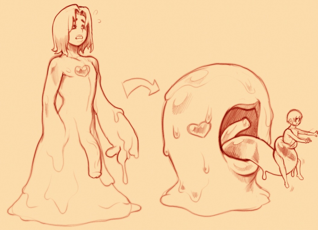duo e621 female female_pred genitals half-erect human humanoid male mammal modeseven monochrome monster not_furry nude penis prehensile_tongue size_difference slime tongue transformation vore