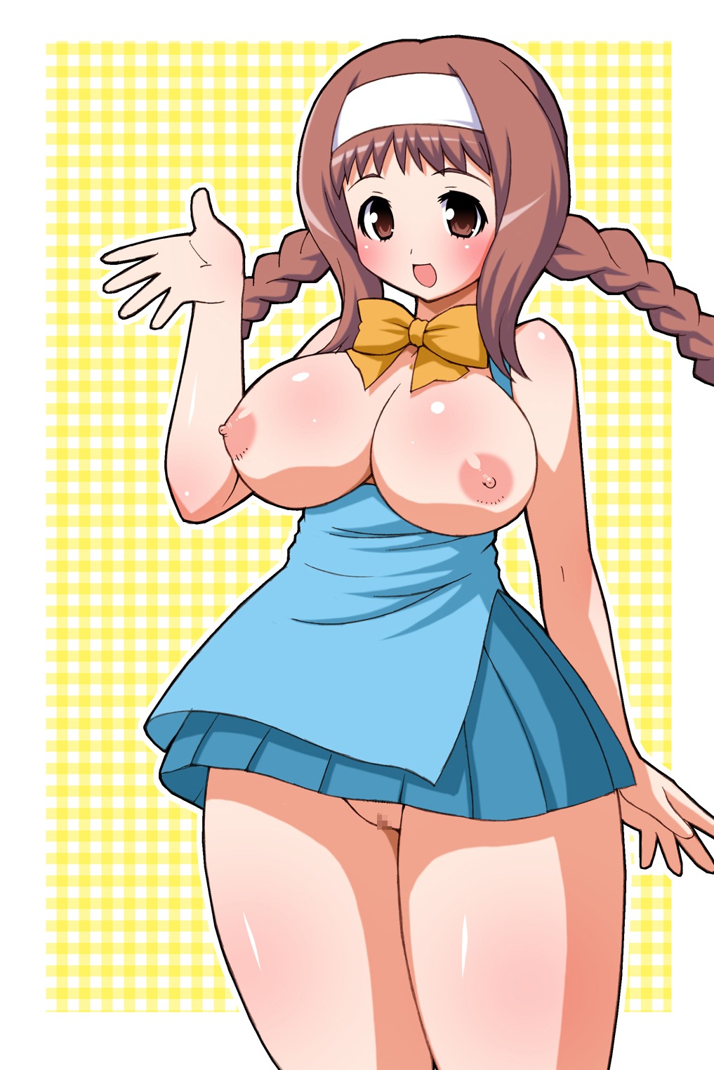 1girls apron beriko_(spy_girl) blush braid breasts breasts_out brown_eyes brown_hair censored female headband highres large_breasts long_hair nipples no_bra no_panties pussy ribbon rule34 shishimaru_ken'ya smile spy_girl twin_braids vagina