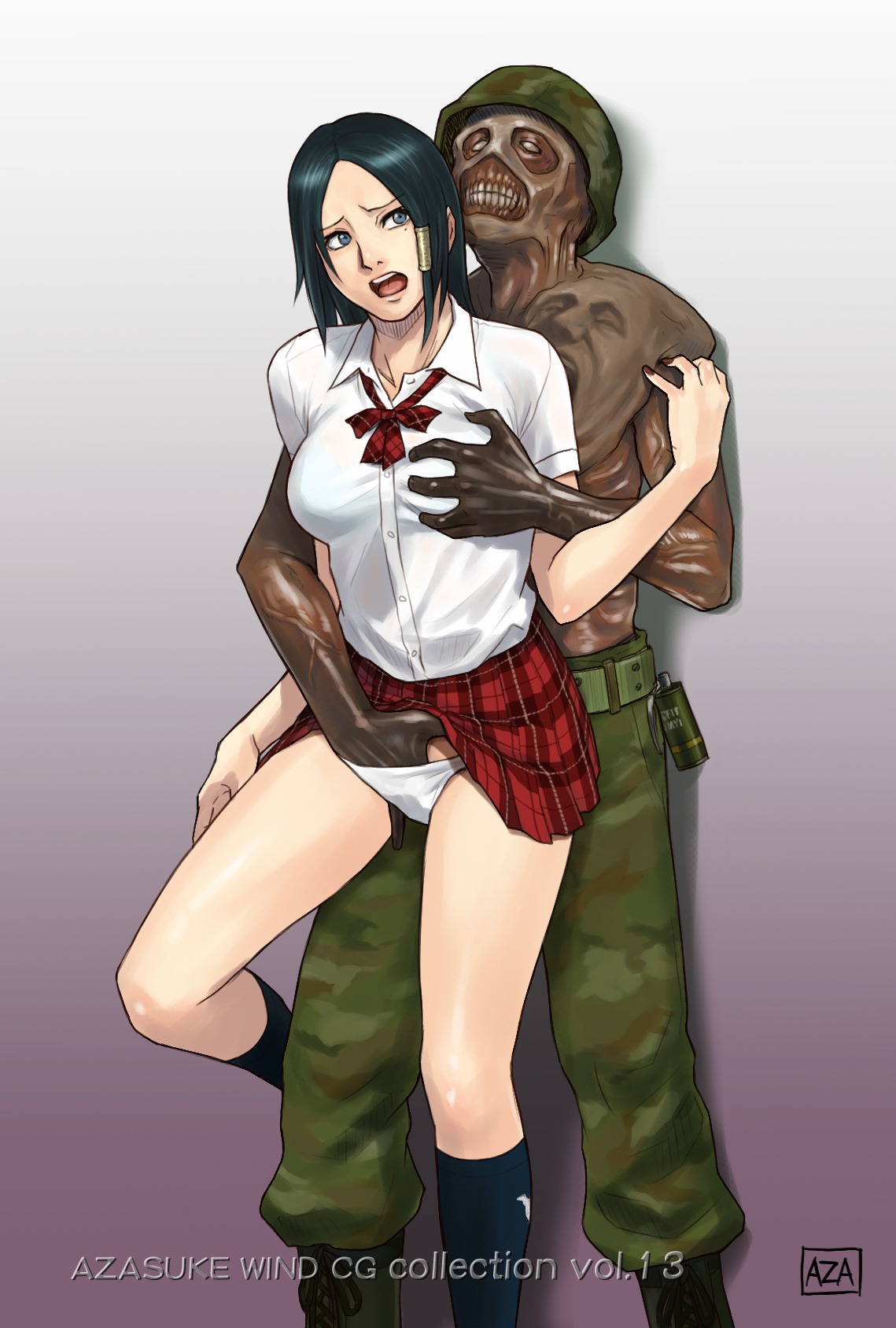 alicia_claus azasuke breast_grab breasts bullet_witch female grab highres imminent_rape panties rape rule34 school_uniform skirt underwear witch zombie