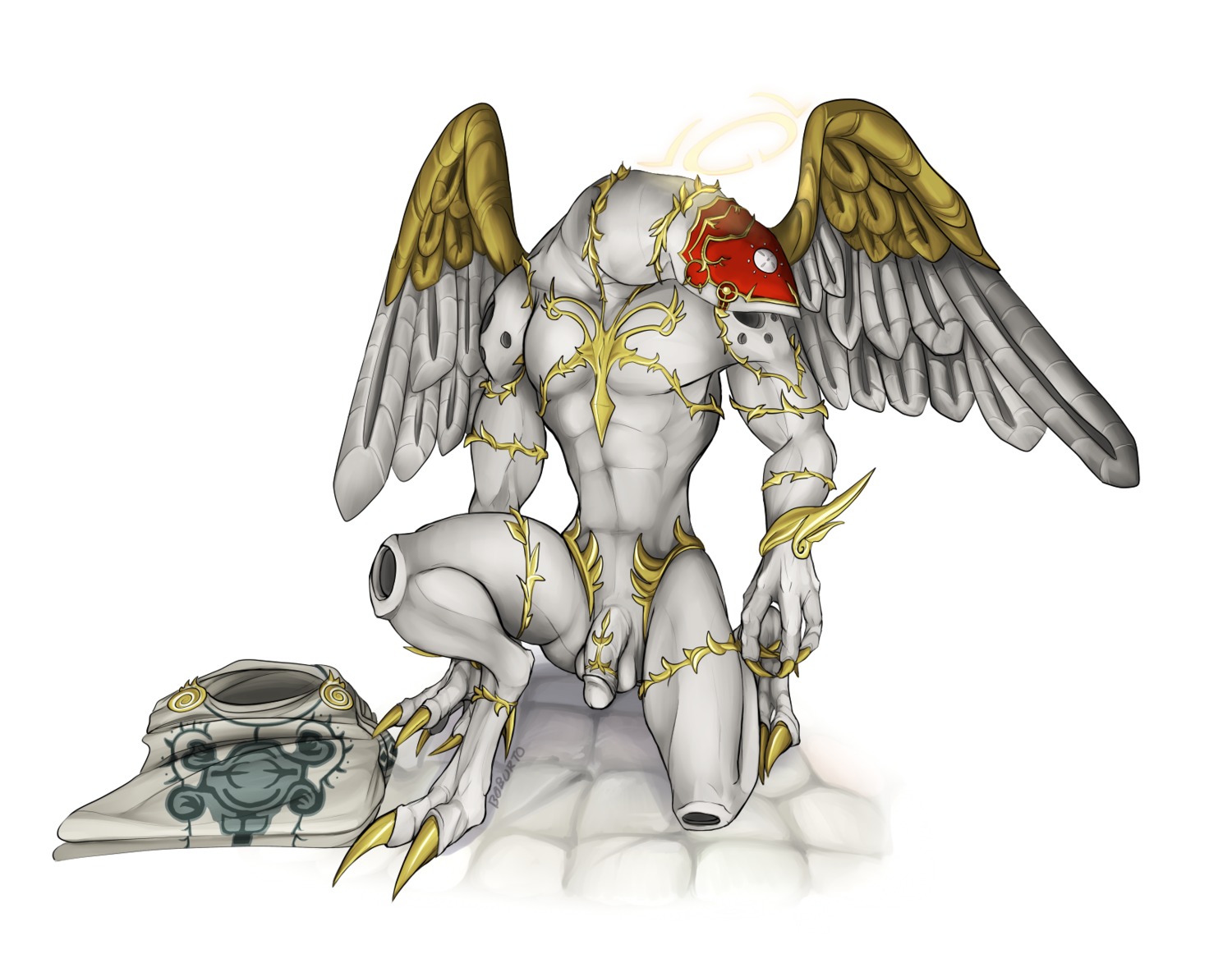 2013 2_toes abs affinity affinity_(bayonetta) angel athletic avian balls bayonetta bayonetta_(series) claws digitigrade e621 feathered_wings feathers feet flaccid genitals halo hi_res humanoid_genitalia humanoid_penis kneeling male markings muscular nude pecs penis platinumgames simple_background sirboburto solo toes white_background white_body white_penis white_skin wings