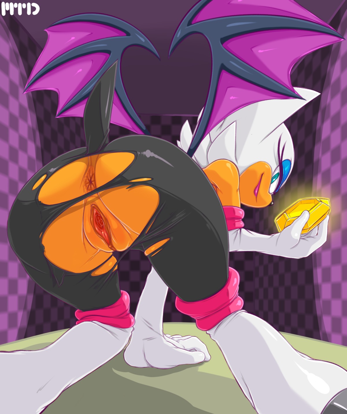 2014 all_fours anthro anus bat biped blue_eyes butt clothing e621 female gem genitals hair hi_res looking_at_viewer looking_back mammal marthedog membrane_(anatomy) membranous_wings presenting presenting_hindquarters presenting_vulva rouge_the_bat sega skinsuit smile solo sonic_the_hedgehog_(series) tight_clothing torn_clothing vulva white_hair wings