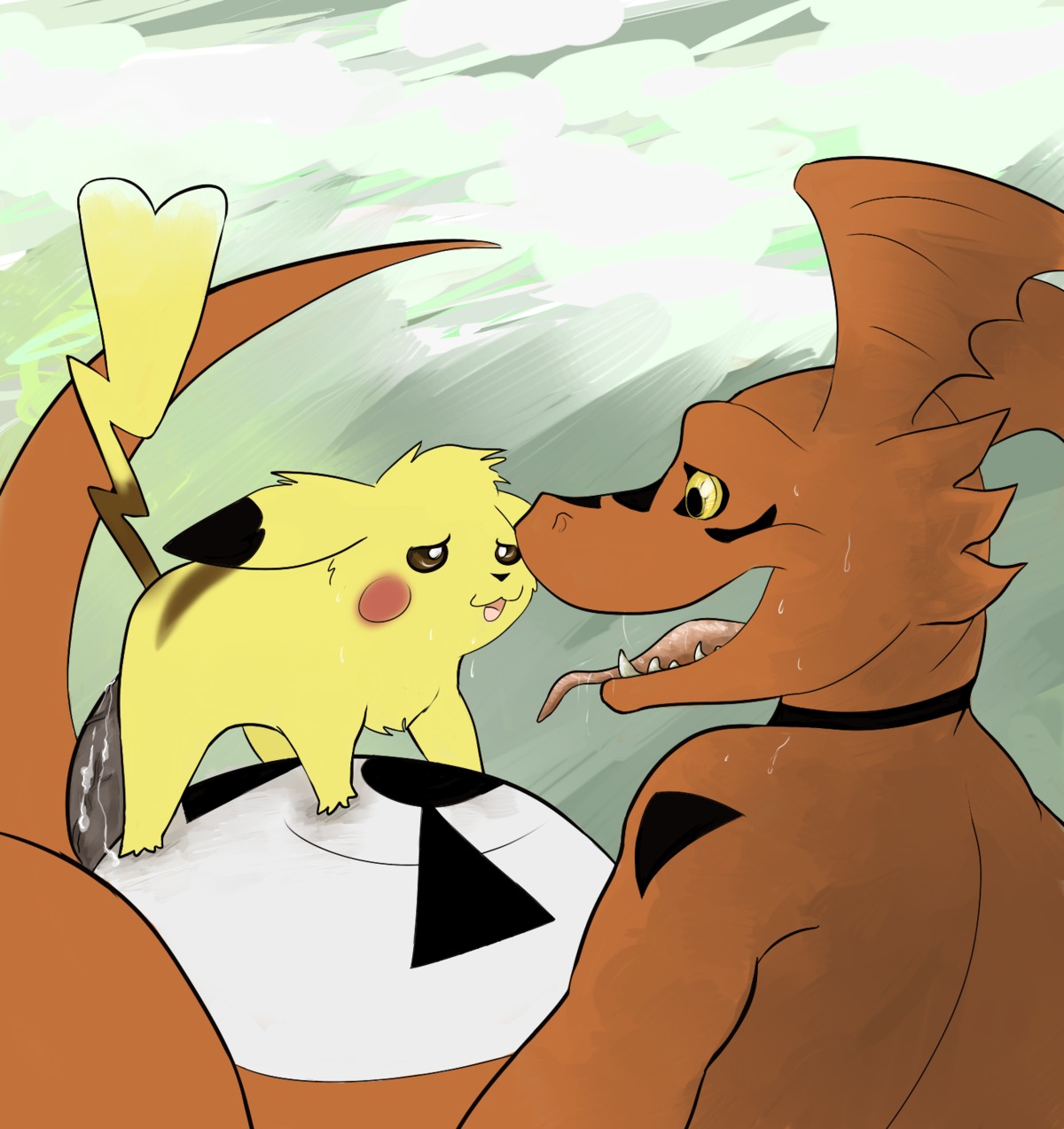 1animal anthro crossover digimon digimon_(species) female feral guilmon larvitar_(artist) male nintendo pikachu pokemon pokemon_(species) reptile rodent rule34 scalie size_difference straight