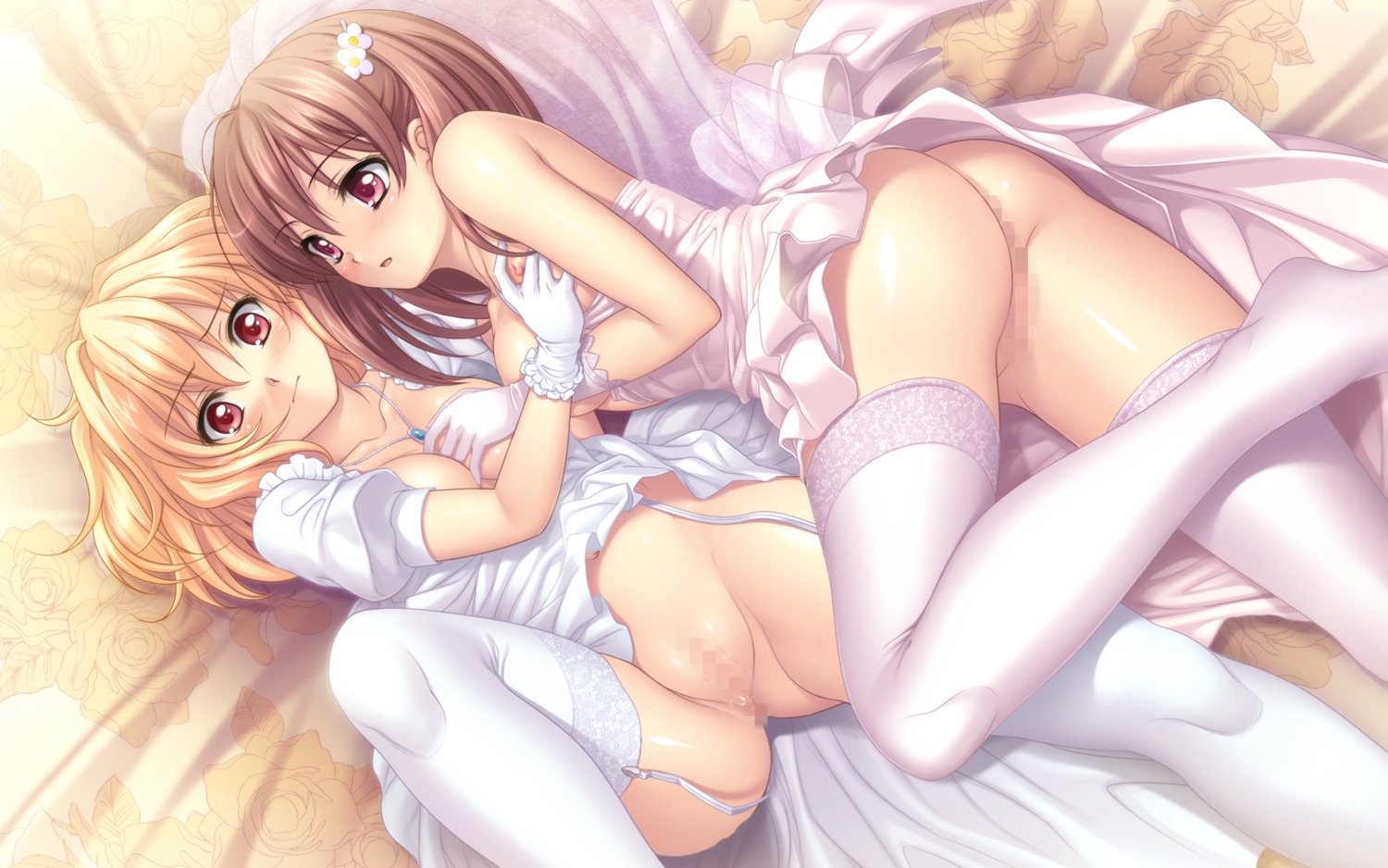 ass blonde_hair blush bottomless breast_grab breasts brown_hair censored dress dress_lift female flyable_heart game_cg garter_belt garter_straps hair_ornament highres inaba_yui jewelry lace lace-trimmed_thighhighs leg_up legs long_legs looking_at_viewer lying multiple_females multiple_girls navel necklace nipples no_panties off_shoulder on_back pero prismatic_princess_union_stars pussy red_eyes rule34 short_hair spread_legs stockings sumeragi_amane thighhighs thighs wedding_dress white_legwear yuri