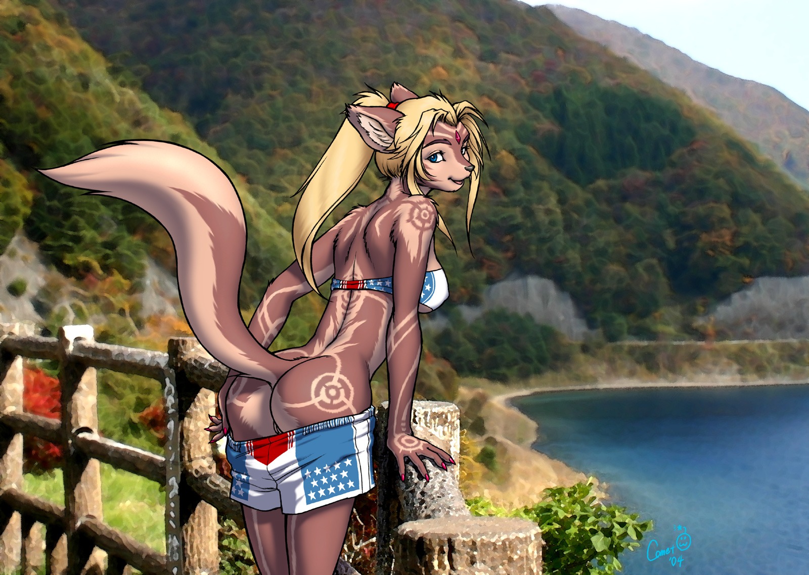 2004 against_fence against_surface anthro bent_over blonde_hair blue_eyes bottomwear bottomwear_down bra breasts butt canid canine canis clothed clothing detailed_background dr_comet e621 female fence flashing gem genitals hair hi_res inviting leaning looking_at_viewer looking_back mammal markings open_mouth outside pants pants_down partially_clothed ponytail presenting raised_tail rear_view scenic_view seaside shorts side_boob skimpy sky smile solo tail under_boob underwear undressing vulva wide_hips wolf