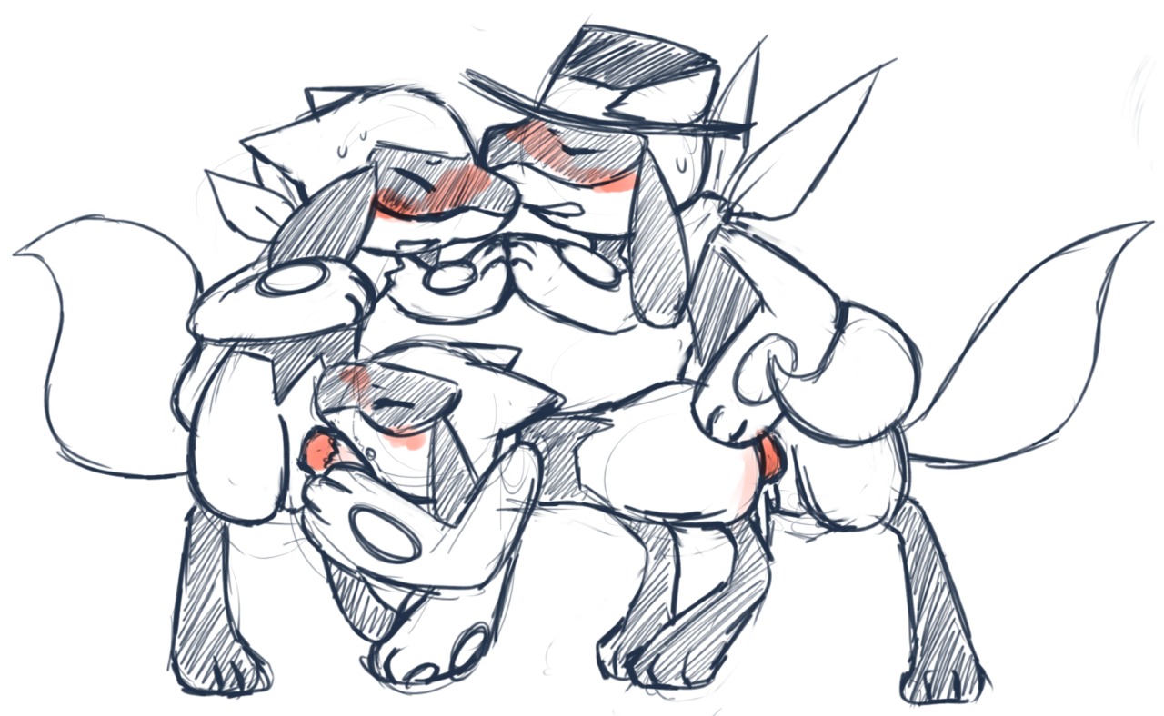 1girl 2boys anal anal_penetration anal_sex blush double_penetration fellatio female female_penetrated female_riolu hat haychel male male/female oral oral_penetration oral_sex pok&atilde;&copy;mon pokemon riolu rule34 scarf sex sketch sweat threesome