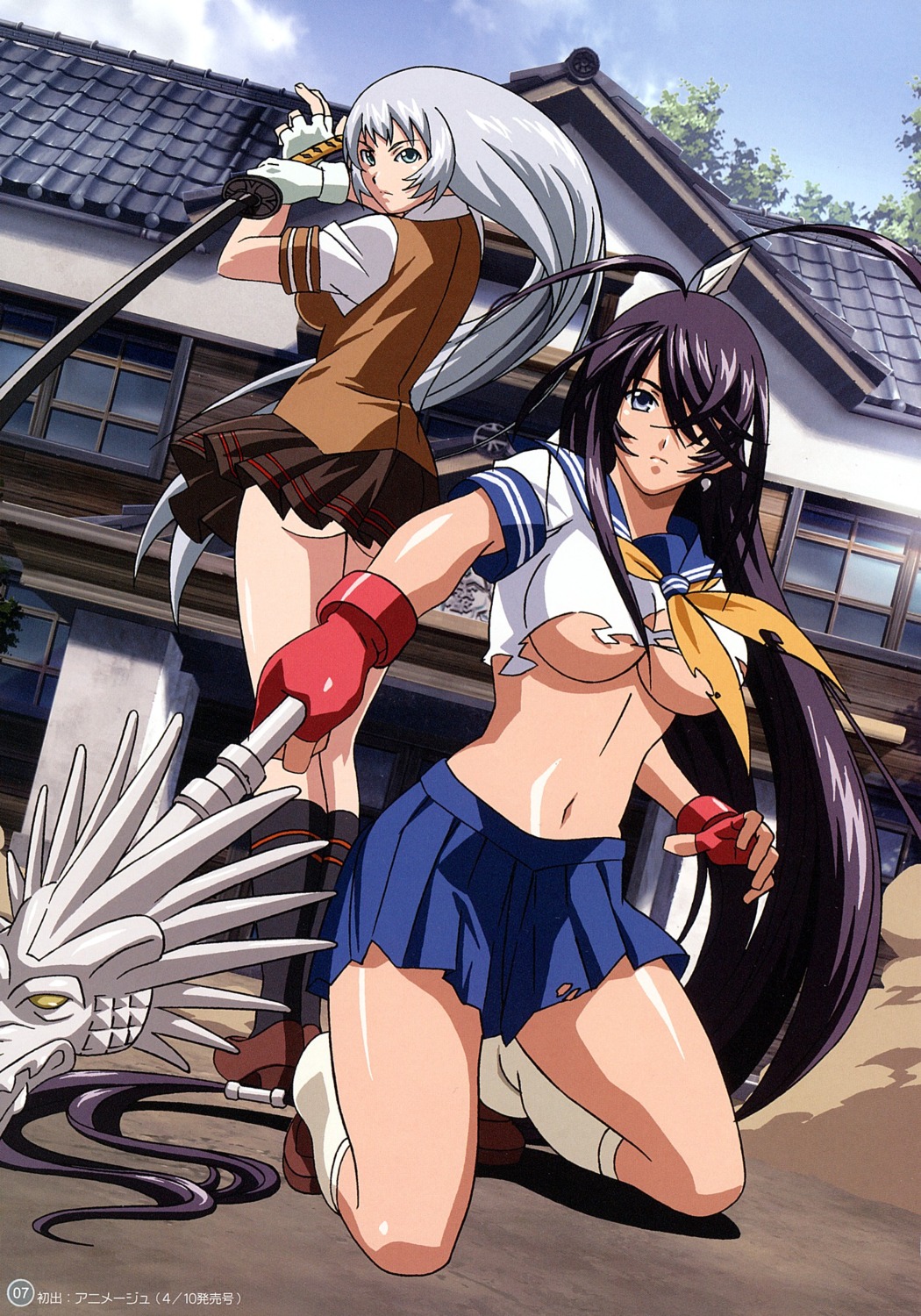 antenna_hair artbook ass back-to-back bangs black_legwear blue_eyes breasts building chouun_shiryuu cloud crop_top dragon dutch_angle earrings fanbook female fighting_stance fingerless_gloves foreshortening from_behind gloves hair_over_breasts hair_over_one_eye hair_tubes high_heels highres ikkitousen itou_yuuki jewelry kanu_unchou katana kneehighs kneeling large_breasts loafers long_hair loose_socks magatama midriff miniskirt multiple_females multiple_girls navel necktie no_bra no_panties official_art official_fanbook on_ground outdoors outstretched_arm payot pleated_skirt polearm ponytail purple_hair rule34 scan school_uniform serafuku shadow shirt shitapai shoes silver_hair skirt skirt_lift sky socks spear spread_legs standing striped sword thigh_gap tied_hair toranoana torn_clothes underboob upskirt very_long_hair weapon white_legwear wind_lift window