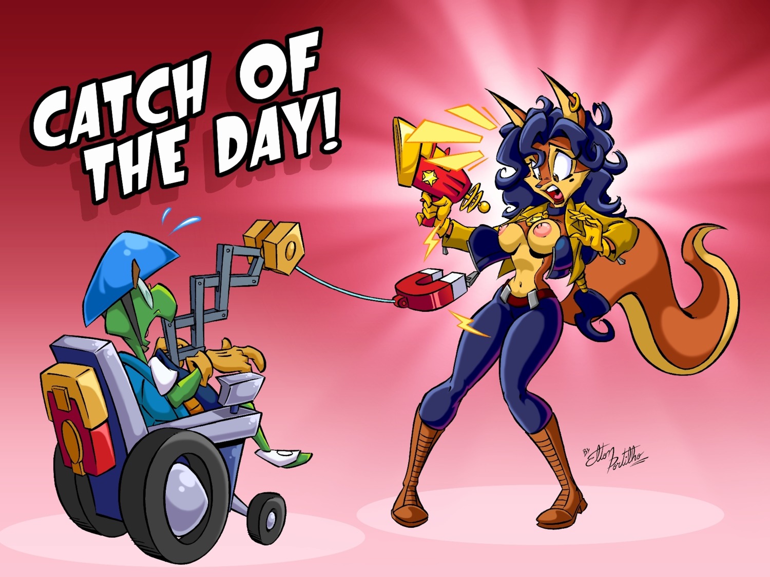 1boy 1girls anthro assisted_exposure bentley_turtle big_breasts breasts canine carmelita_fox catsprin exposed_breasts female fox fur furry gun magnet male mammal nipples nudity reptile rule34 shock_pistol sly_cooper_(series) smooth_fur sucker_punch_productions tagme turtle