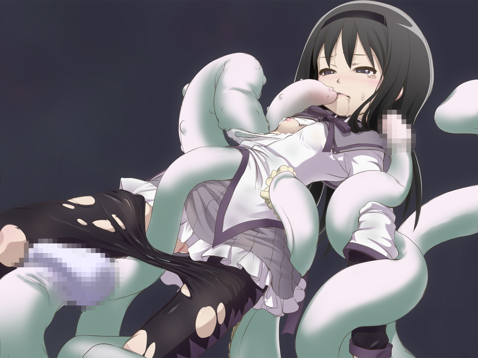1girls akemi_homura ambiguous_penetration black_hair blood breasts censored clothing covered_penetration exposed_breasts female flat_chest hairband highres implied_penetration implied_sex long_hair mahou_shoujo_madoka_magica male mosaic_censoring nipples open_mouth pantyhose penis penis_tentacles purple_eyes restrained rule34 sex_under_clothes sex_under_skirt skirt solo tam2 tears tentacle tentacle_under_clothes tentacle_under_skirt tentacles_under_clothes torn_clothes torn_pantyhose