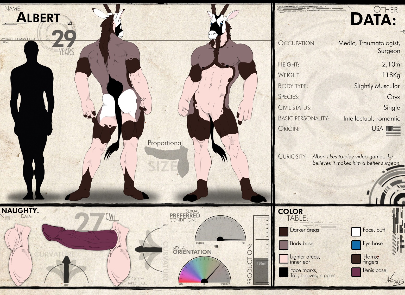 abs albert_(nexus) animal_genitalia antelope anthro balls biceps big_penis biped bovid butt e621 english_text erection front_view fur genitals grazing_antelope long_penis male mammal model_sheet muscular muscular_anthro muscular_male nexus nipples nude oryx pecs penis pose rear_view sheath solo standing tail tail_tuft text tuft vein