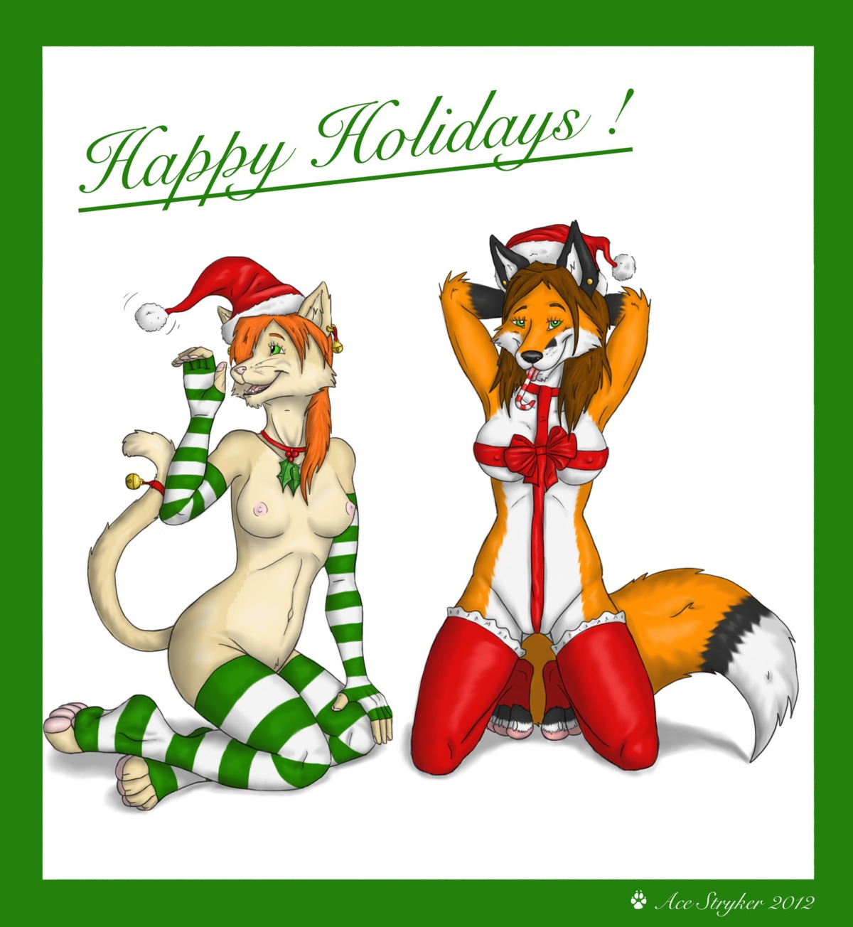 2012 ace_stryker anthro armwear breasts brown_hair candy candy_cane canid canine christmas christmas_clothing christmas_headwear clothing dessert domestic_cat duo e621 ear_piercing elbow_gloves felid feline felis female food footwear fox gloves green_eyes hair handwear hat headgear headwear hi_res holidays holly_(plant) legwear looking_at_viewer mammal nipples piercing plant pose red_hair ribbons santa_hat simple_background socks stockings tail toeless_footwear toeless_socks