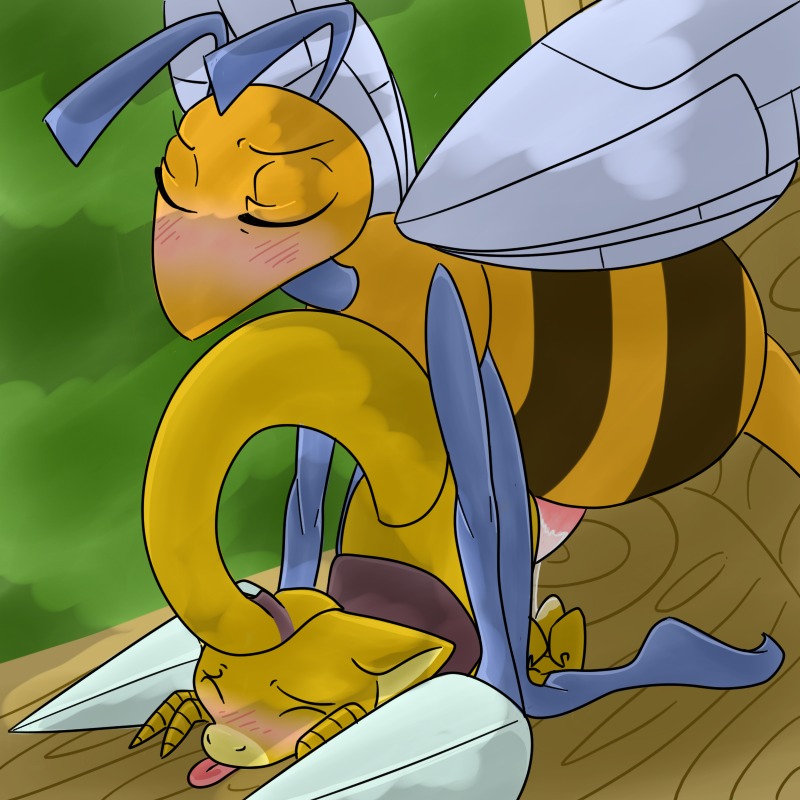 1:1 abra ambiguous_gender arthropod beedrill blush bodily_fluids cum duo e621 erection eyes_closed generation_1_pokemon genital_fluids genitals heyitshappydoodles hymenopteran insect insect_wings interspecies male male/ambiguous nintendo penis pokemon pokemon_(species) sex tongue tongue_out wings wood yellow_body