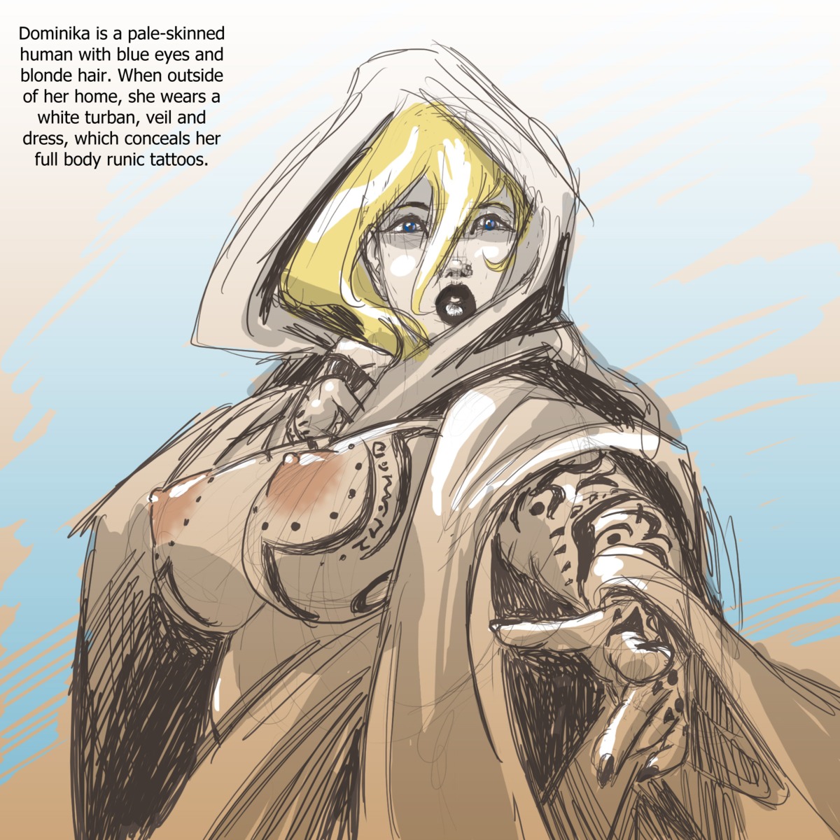 1:1 areola big_breasts blonde_hair blue_eyes breasts corruption_of_champions dominika_(coc) e621 english_text erect_nipples female hair hi_res human jacques00 mammal nipples not_furry solo tattoo text