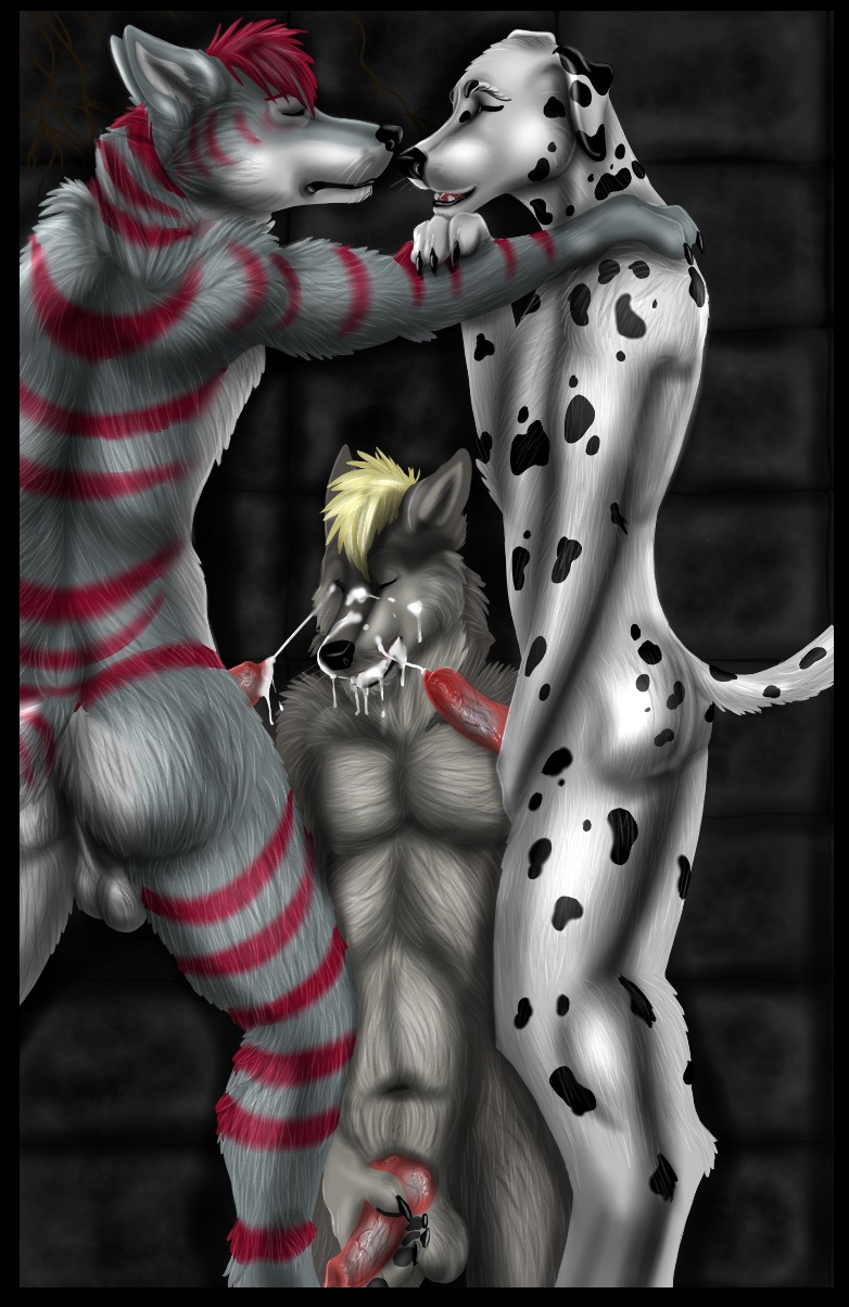 anthro anus balls black_border bodily_fluids border canid canine canis cum cum_on_face dalmatian domestic_dog e621 erection eyes_closed fellatio genital_fluids genitals group group_sex hi_res knot male male/male male_penetrated male_penetrating male_penetrating_male mammal oral penetration penile penis sex tail thevale threesome trio wolf