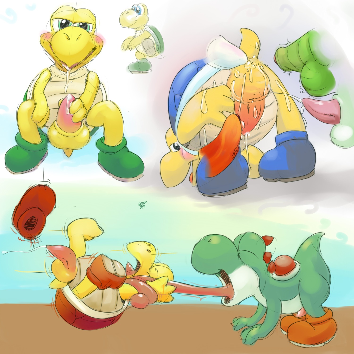 1:1 absurd_res anthro argon_vile blush bodily_fluids bukkake cloud cum digital_media_(artwork) directed_motion_outline e621 erection genital_fluids genitals green_yoshi group hi_res koopa koopa_troopa long_tongue looking_at_viewer male male/male male_pred male_prey mario_bros masturbation motion_lines motion_outline multiple_scenes nintendo path_lines penetration penile penile_masturbation penis prehensile_tongue reptile scalie short solo_focus tongue tongue_out tongue_wrap vore yoshi