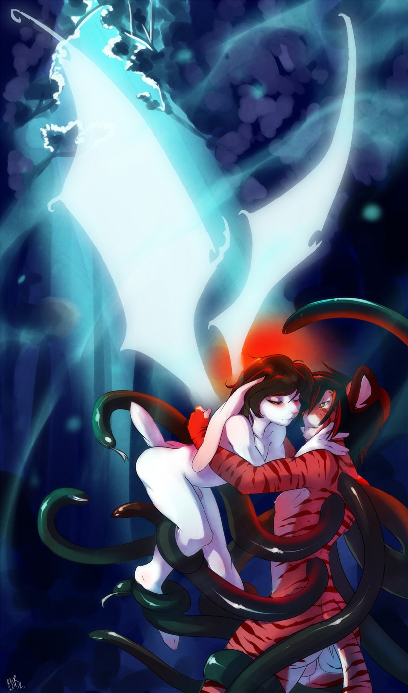 anthro back_tentacles duo e621 eye_contact felid genitals glowing hi_res hug lagomorph leporid looking_at_another male male/male mammal membrane_(anatomy) membranous_wings orange_eyes pantherine penis peritian rabbit romantic romantic_ambiance romantic_couple signature tail tentacles tiger wings