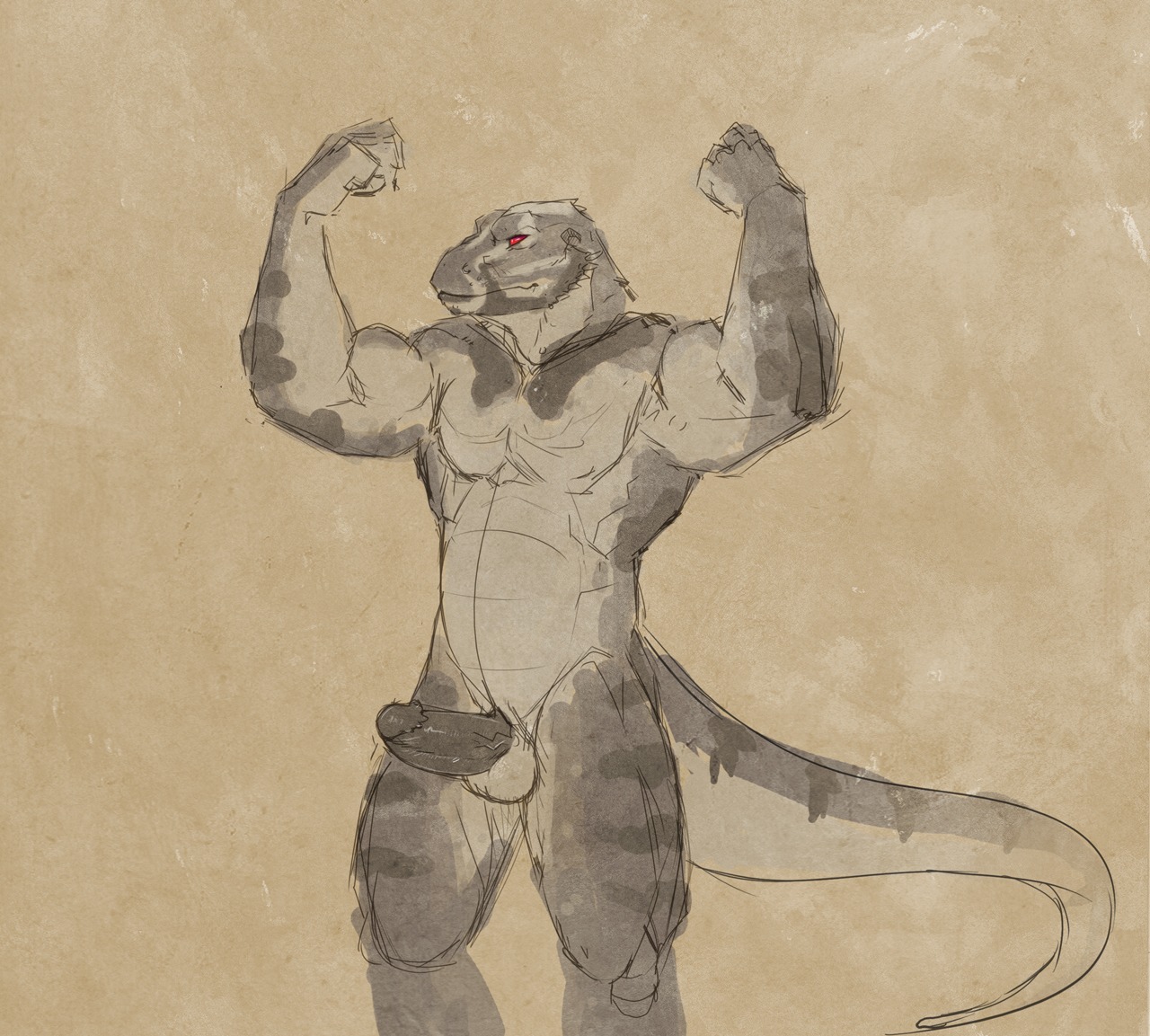 2013 anthro balls e621 erection genitals kihu male non-mammal_balls nude penis pose red_eyes scalie simple_background solo