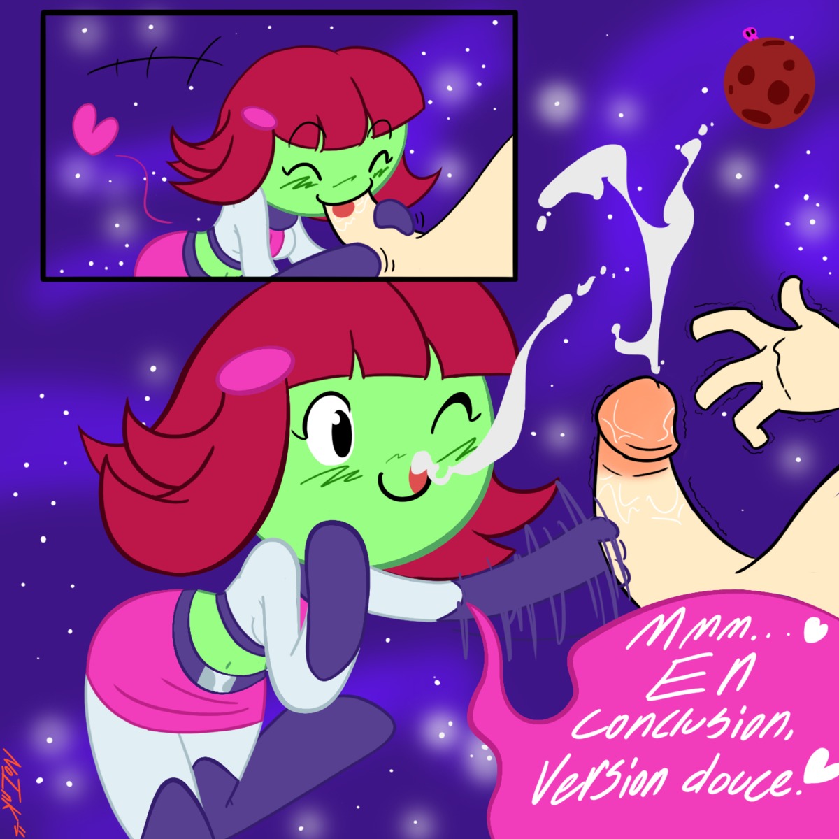 blush crop_top cum ejaculation eyebrows_visible_through_hair eyes_closed female french_text green_skin handjob heart licking_lips luna_(mighty_milky_way) mighty_milky_way no-ink oral red_hair rule34 short_hair smile text wink