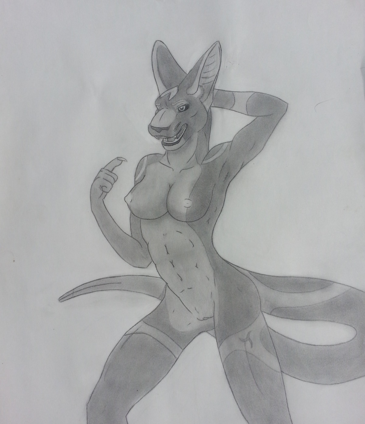 absurd_res anthro beckoning breasts chevronfox e621 female genitals gesture greyscale hi_res krii monochrome nicky_(artist) nipples nude raised_arm solo traditional_media_(artwork) vulva