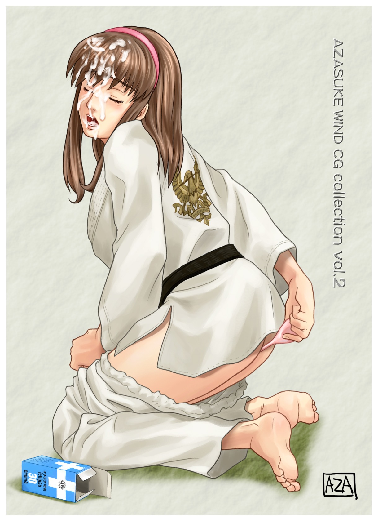 1girls azasuke clothing cum cum_on_face dead_or_alive enema enema_bulb female female_only highres hitomi_(doa) kneeling rule34 solo tecmo