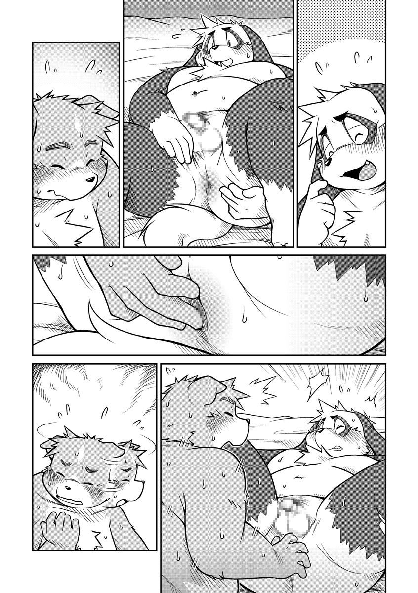 anthro anus balls bear butt canid canine canis censored comic domestic_dog duo e621 flaccid genitals greyscale hi_res lying male male/male mammal monochrome mosaic_censorship multiple_scenes obese on_back overweight penis sex shaking_head spread_butt spreading tail takagi_kyou