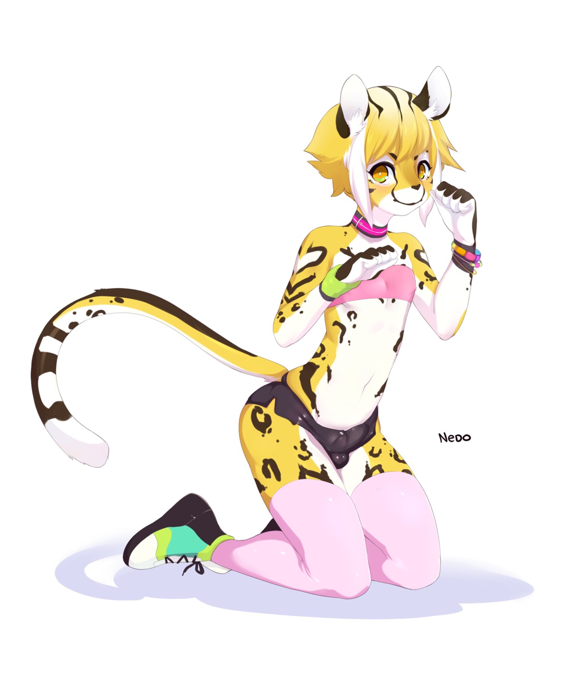 2013 amber_eyes anthro biped black_body black_fur blonde_hair bottomwear bracelet bulge cheetah clothed clothing crossdressing detailed_bulge digital_media_(artwork) dolphin_shorts e621 felid feline femboy footwear fur genital_outline hair hi_res jewelry kneeling legwear looking_at_viewer male mammal navel nedoiko penis_outline shirt shoes short_hair shorts simple_background skimpy smile solo spots stockings topwear white_background white_body white_fur white_hair yellow_body yellow_fur