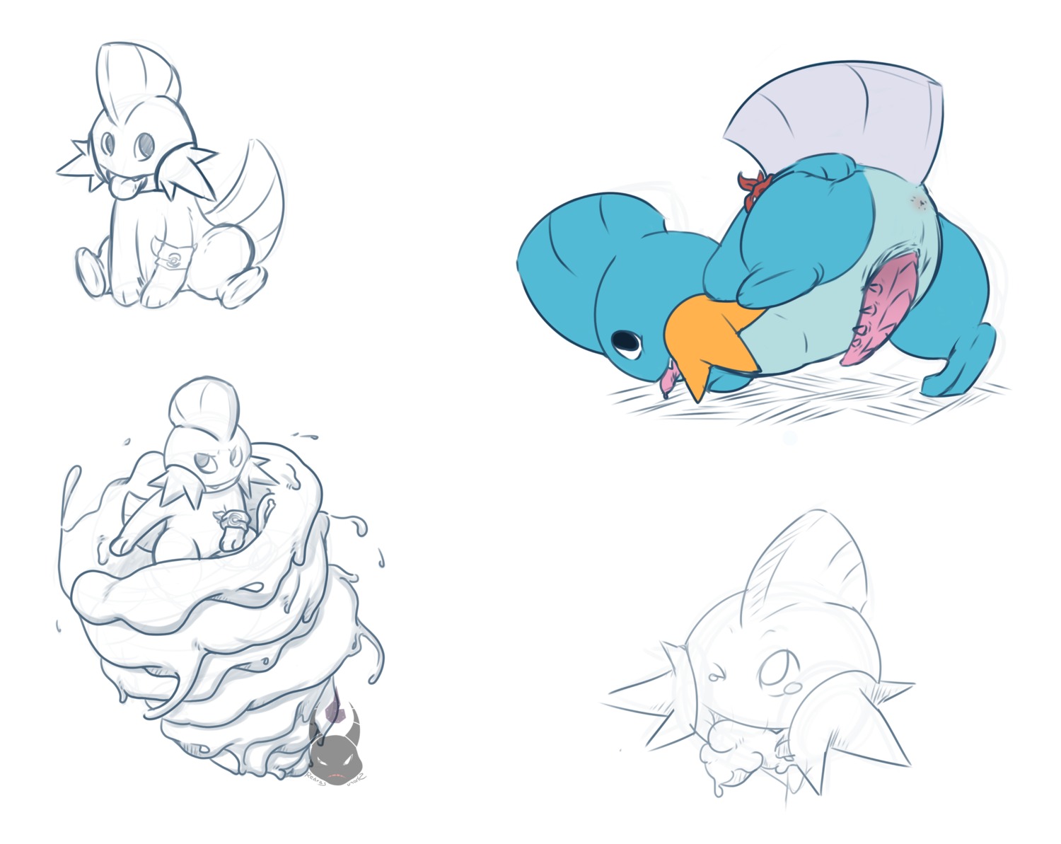 amphibian bodily_fluids cum e621 erection generation_3_pokemon genital_fluids genitals hi_res male mudkip nintendo open_mouth penis pokemon pokemon_(species) redras_shoru sketch smile solo tongue water