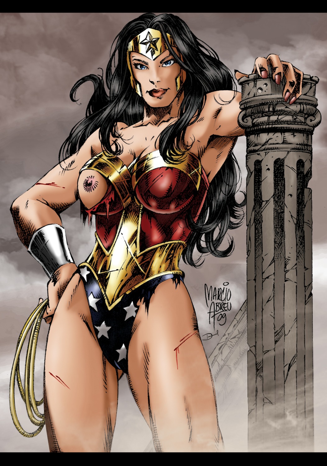 black_hair blue_eyes breasts dc dc_comics female looking_at_viewer nipples rule34 torn_clothing wonder_woman wonder_woman_(series)