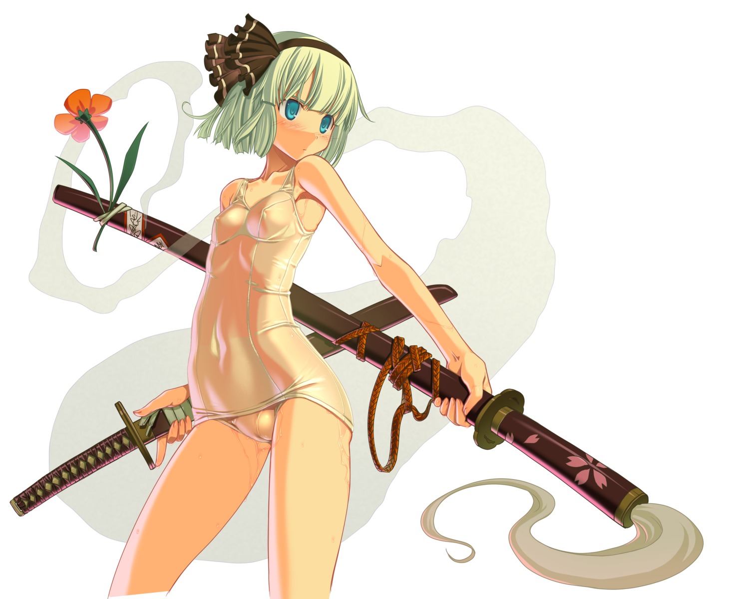 blue_eyes cameltoe dual_wielding female flower ghost hairband high_resolution hitodama katana mizugi one-piece_swimsuit pussy ribbon rule34 sakuya_tsuitachi school_swimsuit see-through sheath sheathed shiny shiny_clothes short_hair silver_hair solo sukumizu swimsuit sword touhou weapon wet white_school_swimsuit youmu_konpaku youmu_konpaku_(ghost)