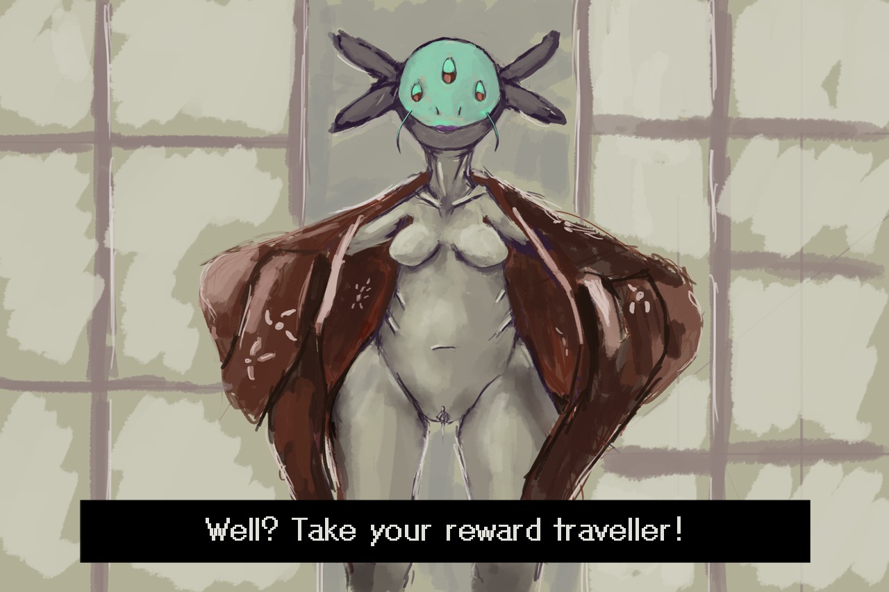 alien amphibian asian_clothing breasts chucklefish clothing e621 east_asian_clothing english_text external_gills female fin genitals gills hylotl itsnottime japanese_clothing kimono lipstick looking_at_viewer makeup multi_eye non-mammal_breasts nude presenting solo starbound text undressing vulva whiskers wide_hips