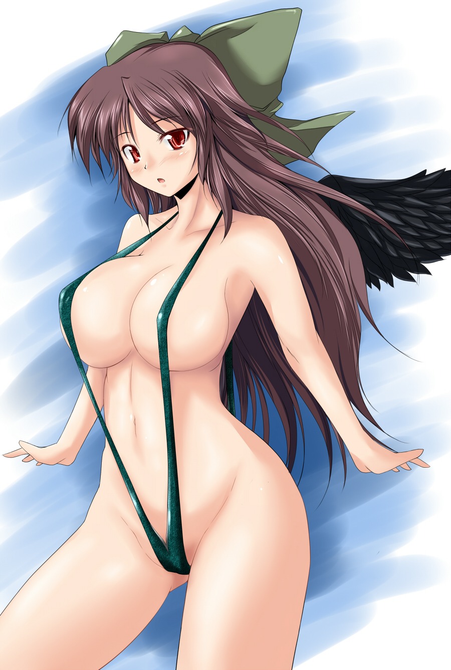 1girls black_hair breasts cleavage female highres huge_breasts red_eyes rule34 sling_bikini solo suteru_(stiel) swimsuit touhou utsuho_reiuji wings