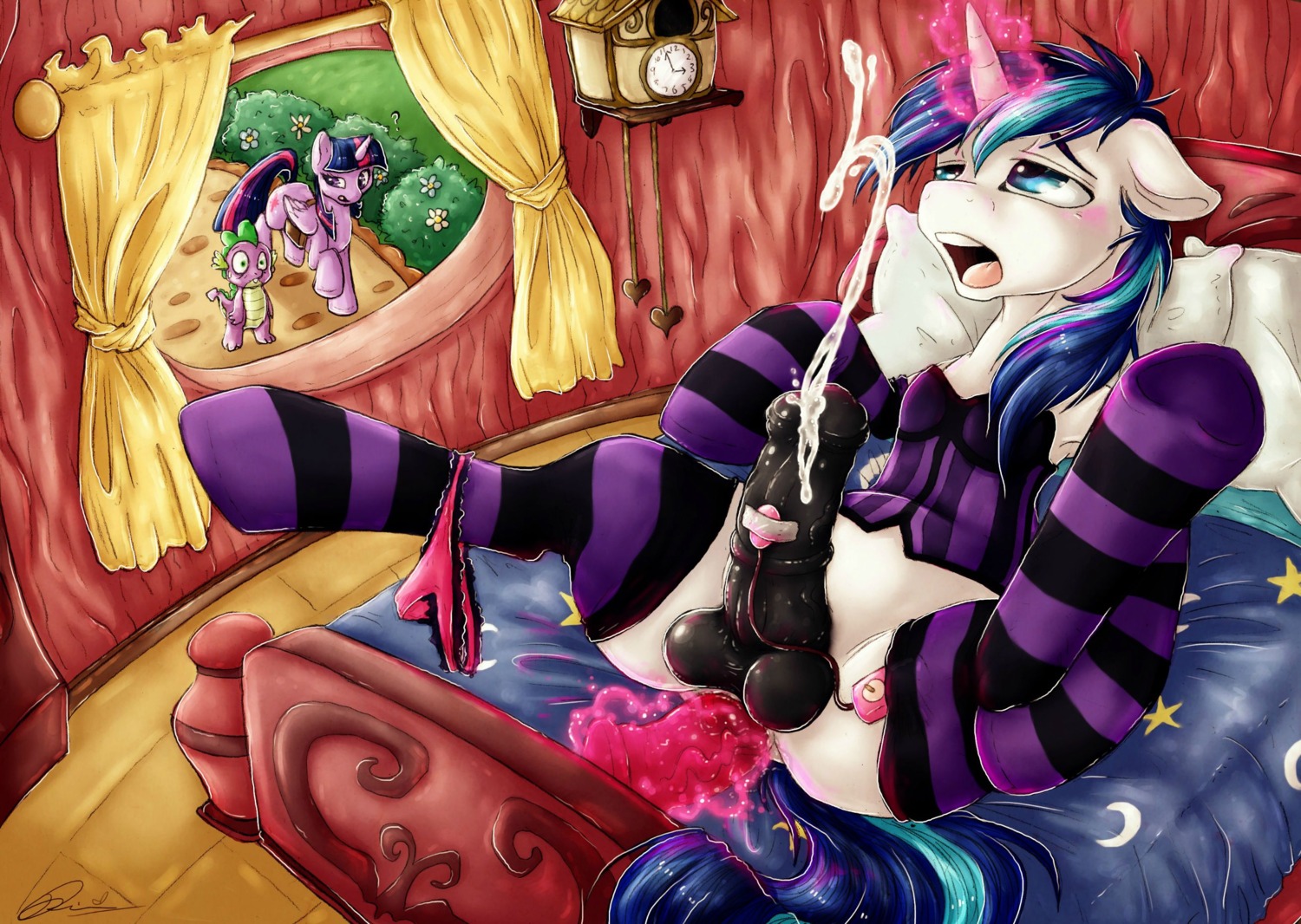 2013 anal anal_masturbation anal_penetration animal_genitalia animal_penis balls bed being_watched blue_eyes blue_hair blush bodily_fluids clock clothed clothing corset crossdressing cum cumshot cutie_mark dildo dildo_in_ass dildo_insertion dimwitdog dragon e621 egg_vibrator ejaculation equid equine equine_genitalia equine_penis erection feathered_wings feathers female feral friendship_is_magic fur furniture genital_fluids genitals green_eyes group hair hasbro hi_res horn legwear lingerie looking_at_another magic male male_focus male_penetrated mammal masturbation multicolored_hair my_little_pony mythological_creature mythological_equine mythological_scalie mythology object_in_ass open_mouth orgasm penetration penile penile_masturbation penis pillow purple_body purple_feathers purple_hair scalie sex_toy sex_toy_in_ass sex_toy_insertion shining_armor_(mlp) solo_focus spike_(mlp) spread_legs spreading stockings tail topwear toying_self twilight_sparkle_(mlp) two_tone_hair unicorn vibrator vibrator_on_penis white_body white_fur winged_unicorn wings